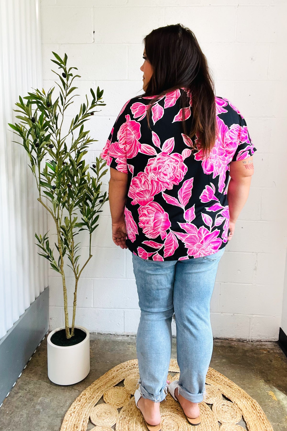 Tropical Vibes Black & Hot Pink Floral V Neck Top - Charming Charlie