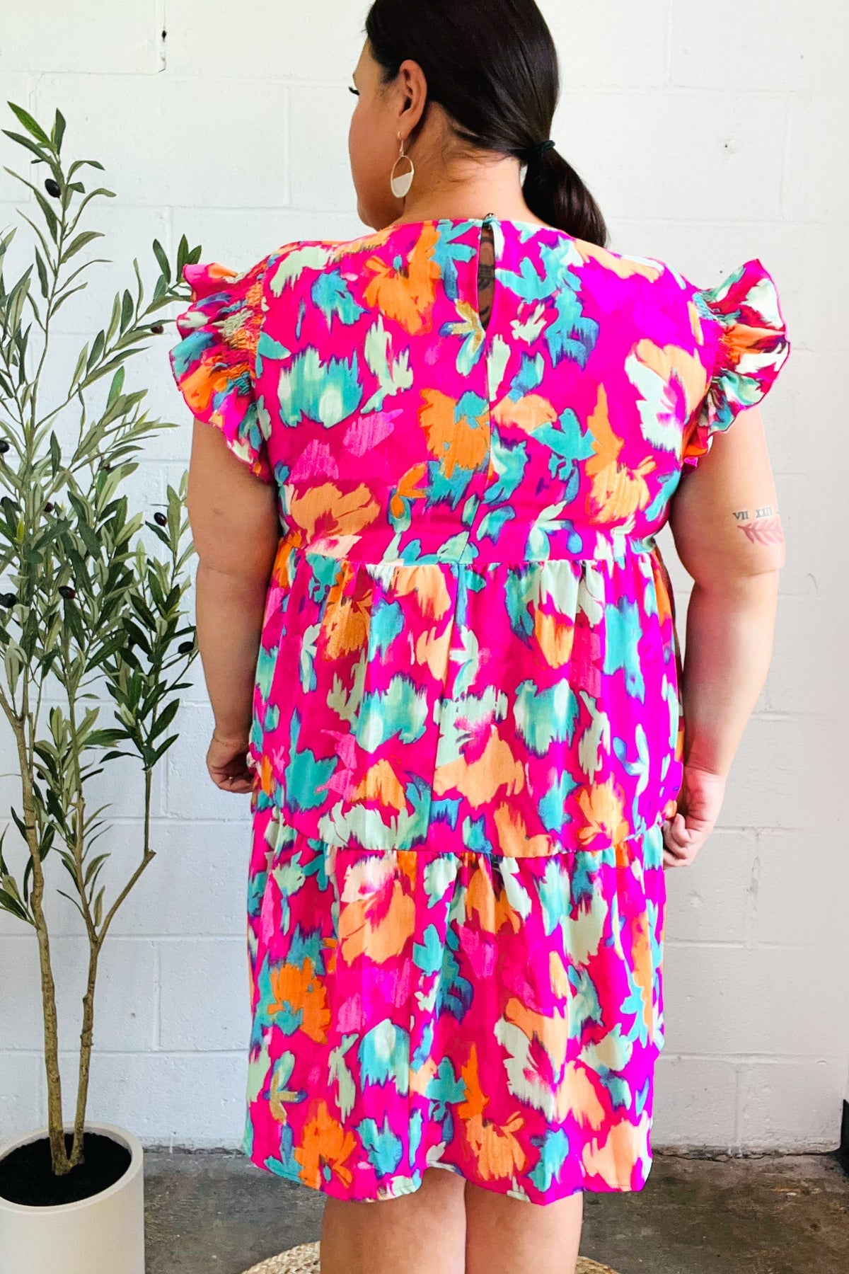 Look of Love Fuchsia Abstract Floral Print Smocked Ruffle Sleeve Dress - Charming Charlie