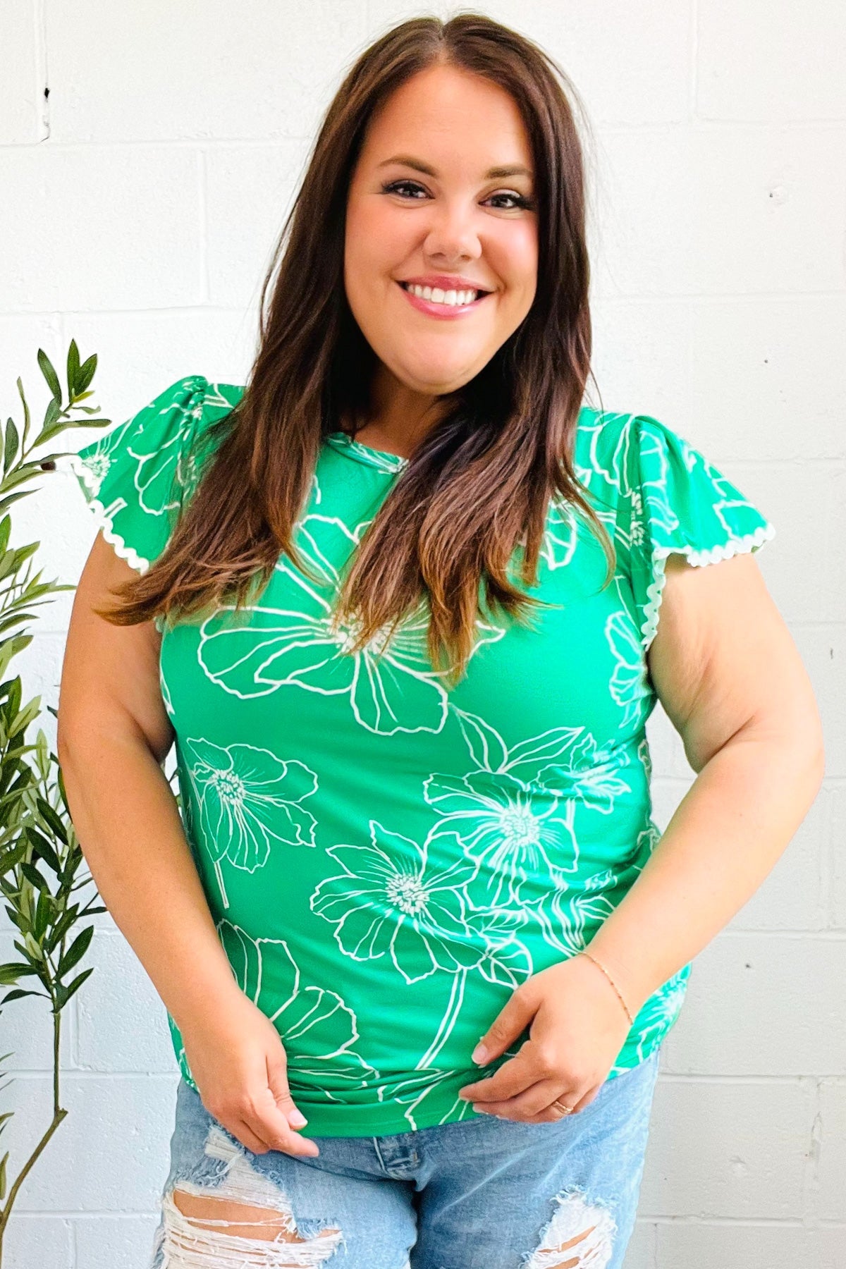 Follow Me Emerald Floral Ric Rac Trim Flutter Sleeve Top - Charming Charlie