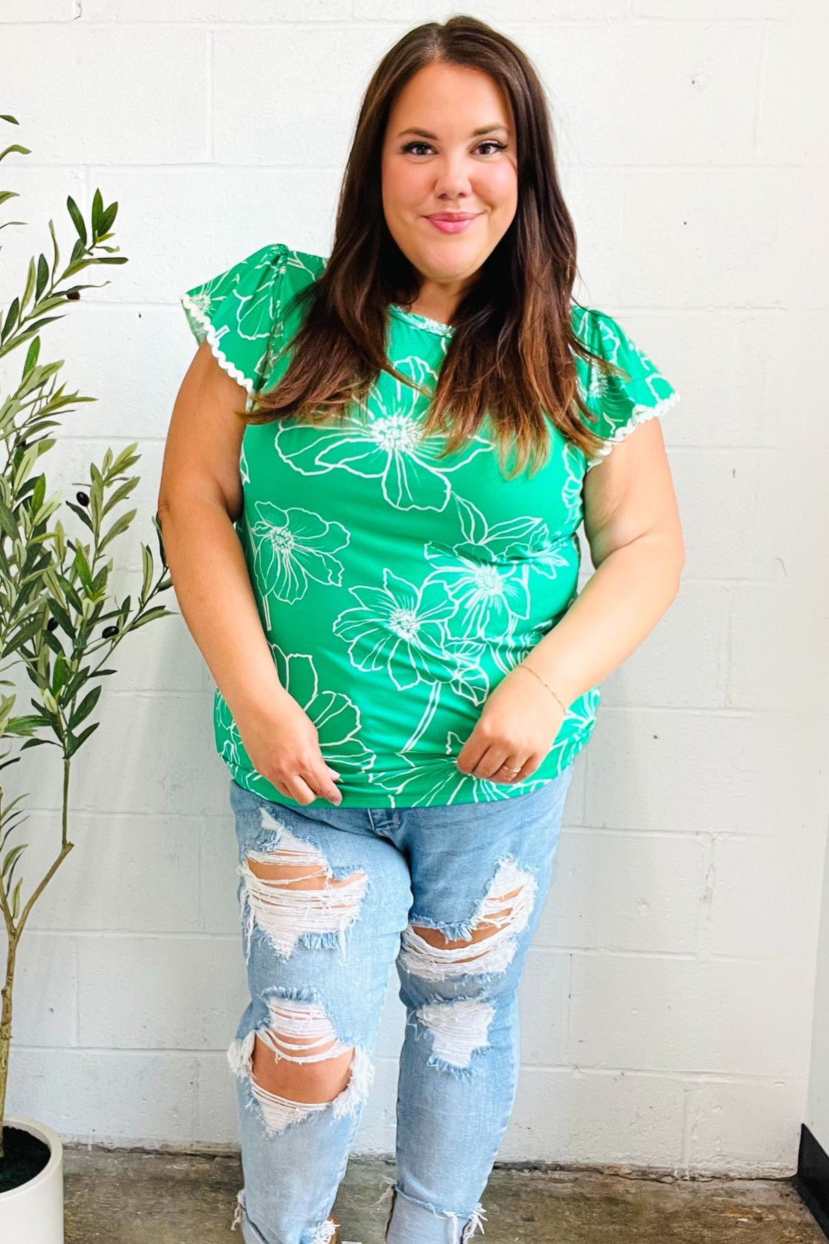 Follow Me Emerald Floral Ric Rac Trim Flutter Sleeve Top - Charming Charlie