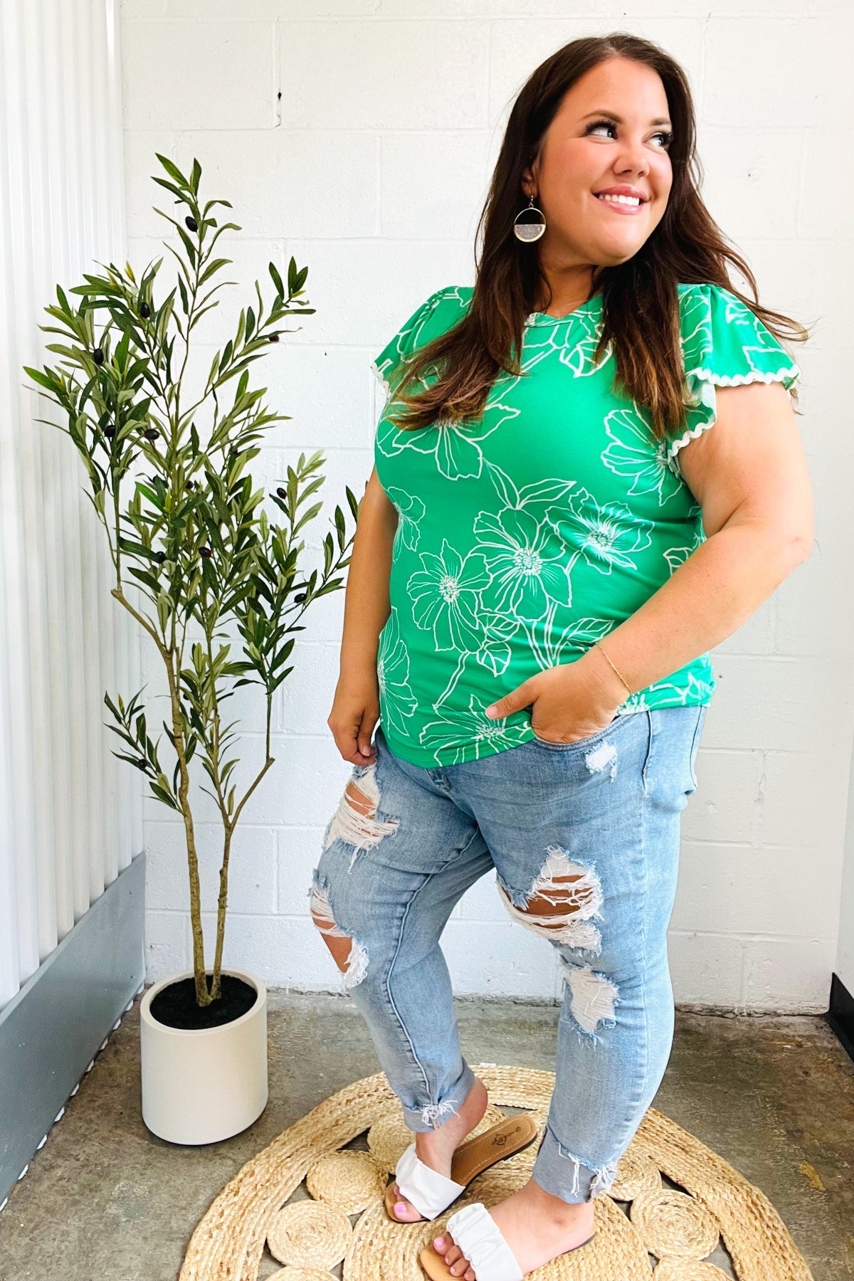 Follow Me Emerald Floral Ric Rac Trim Flutter Sleeve Top - Charming Charlie