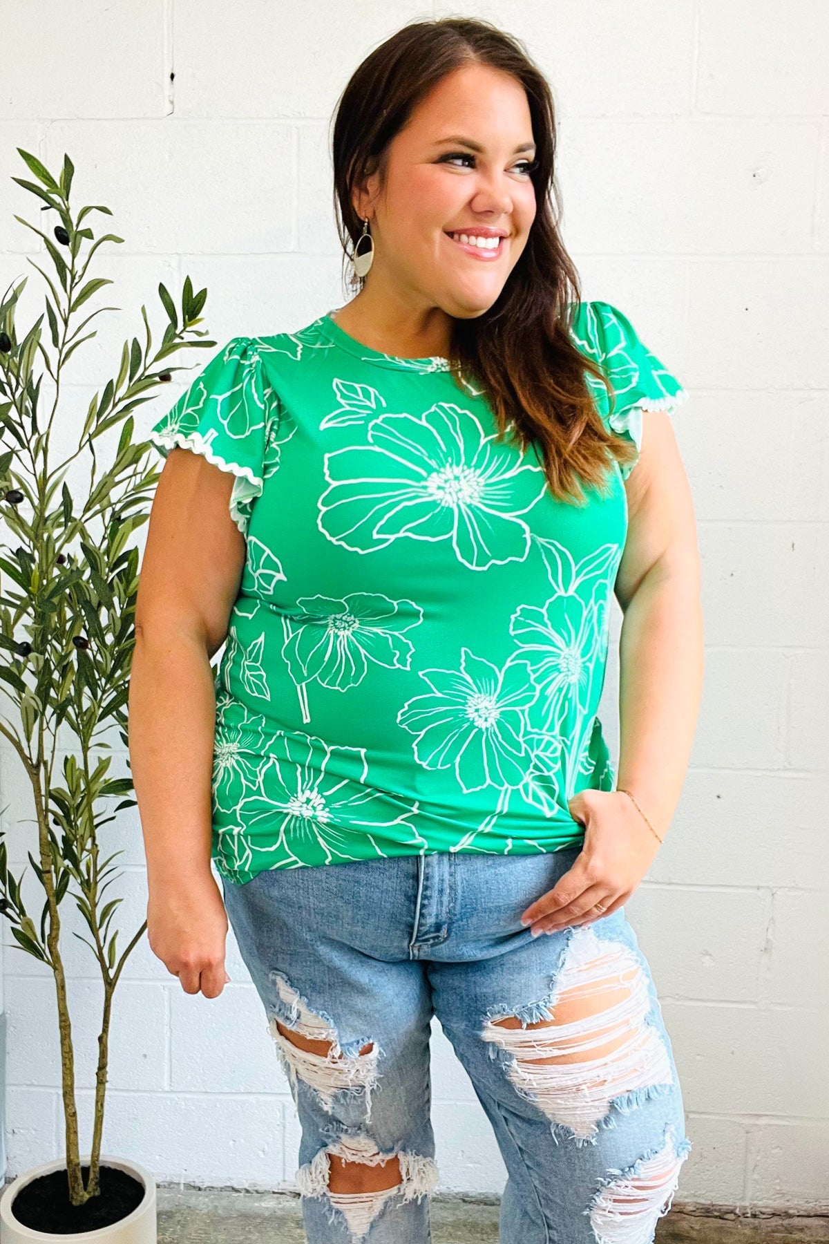 Follow Me Emerald Floral Ric Rac Trim Flutter Sleeve Top - Charming Charlie