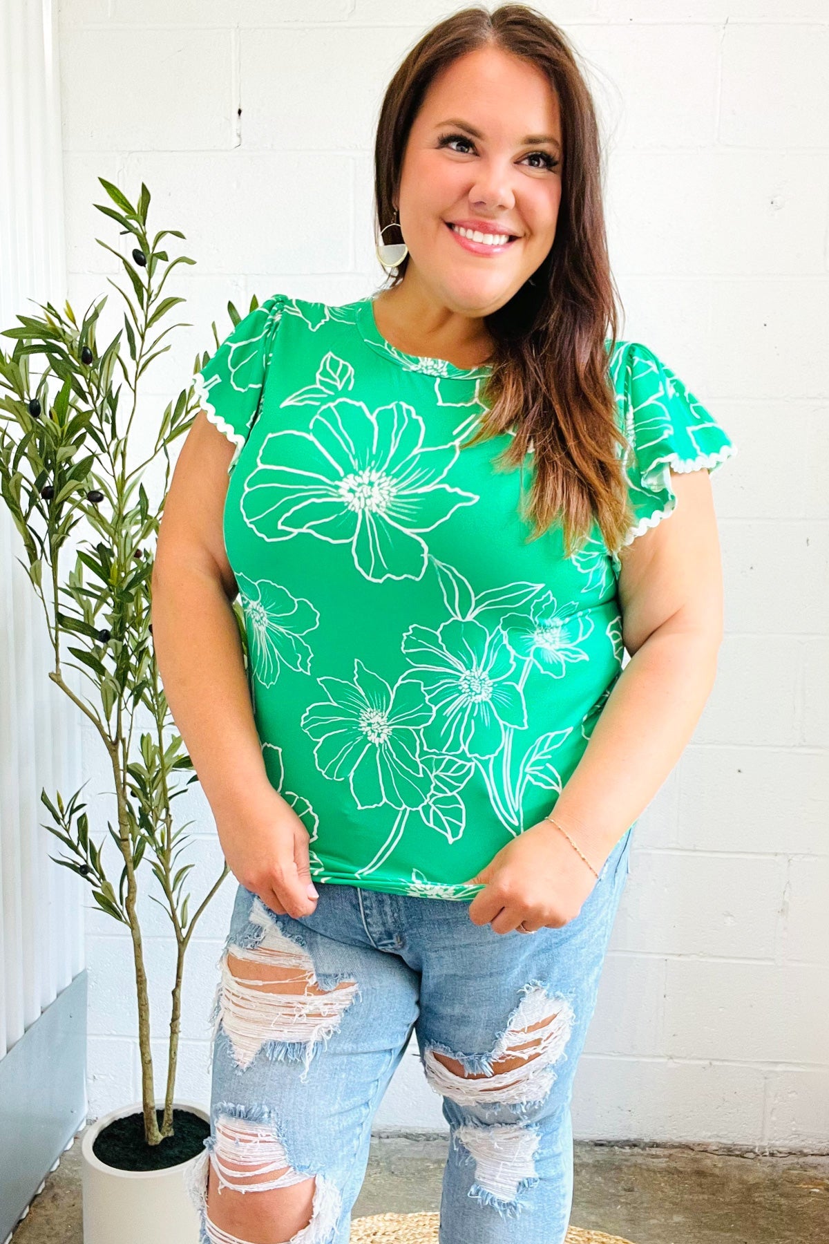 Follow Me Emerald Floral Ric Rac Trim Flutter Sleeve Top - Charming Charlie