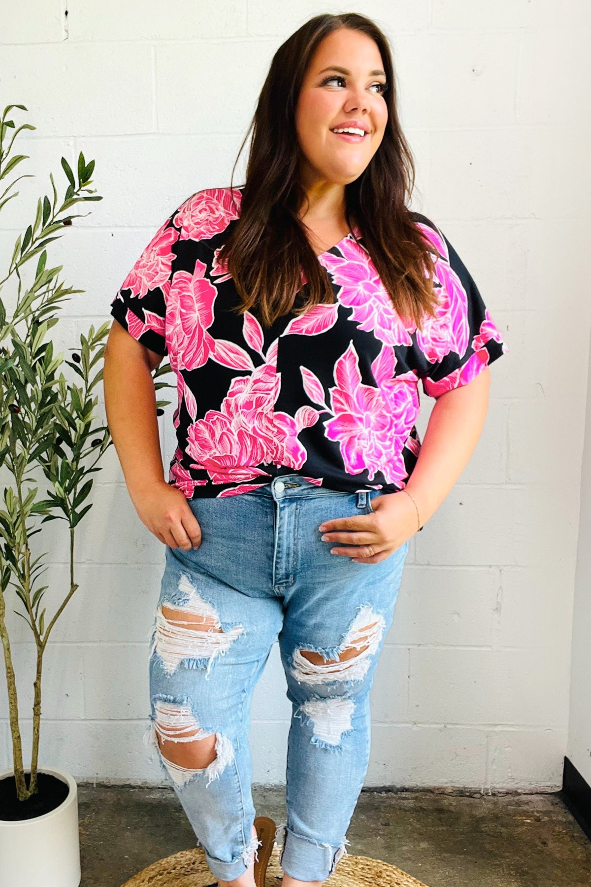 Tropical Vibes Black & Hot Pink Floral V Neck Top - Charming Charlie