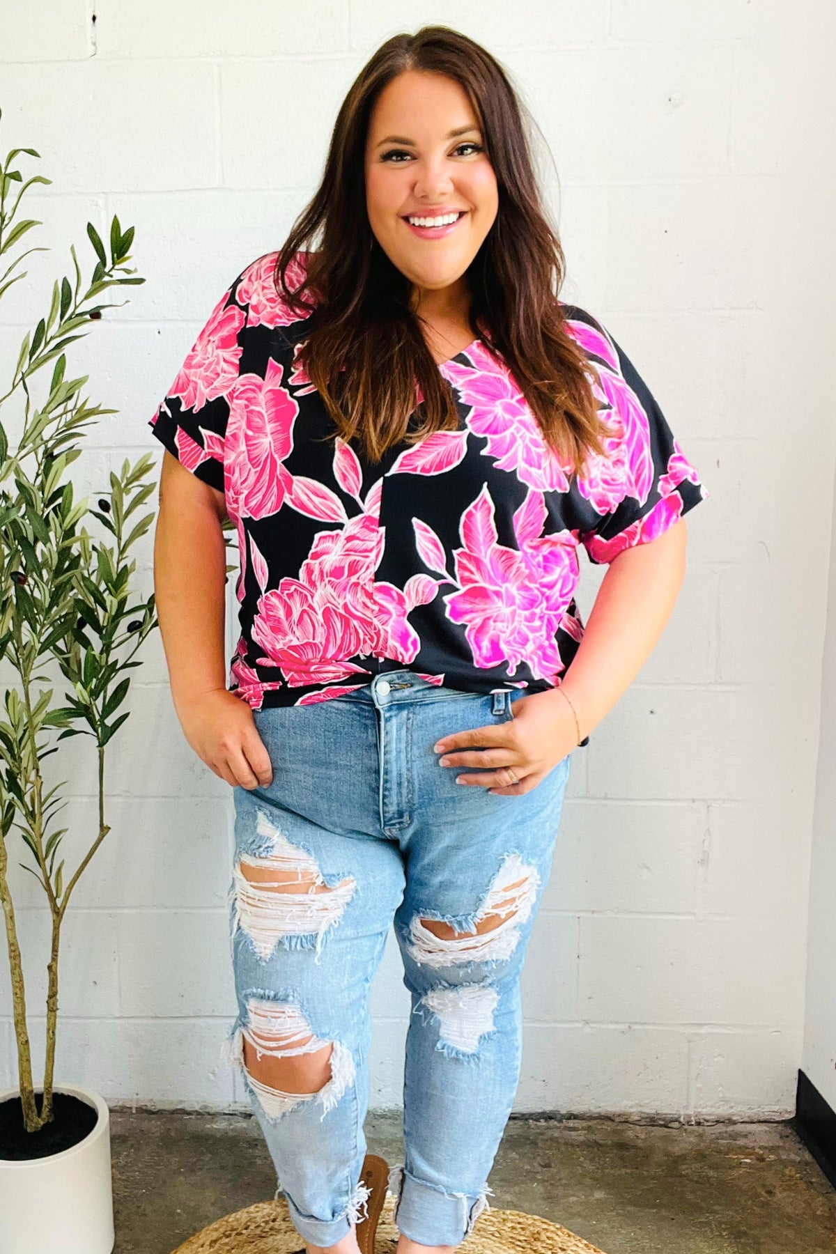 Tropical Vibes Black & Hot Pink Floral V Neck Top - Charming Charlie