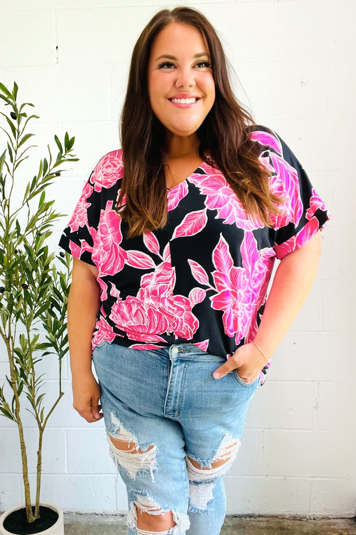 Tropical Vibes Black & Hot Pink Floral V Neck Top - Charming Charlie