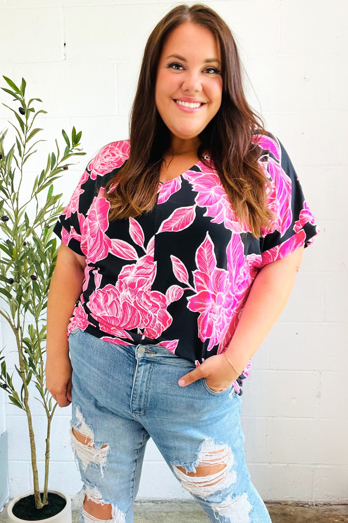 Tropical Vibes Black & Hot Pink Floral V Neck Top - Charming Charlie