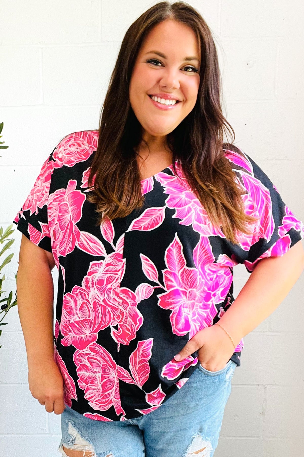 Tropical Vibes Black & Hot Pink Floral V Neck Top - Charming Charlie