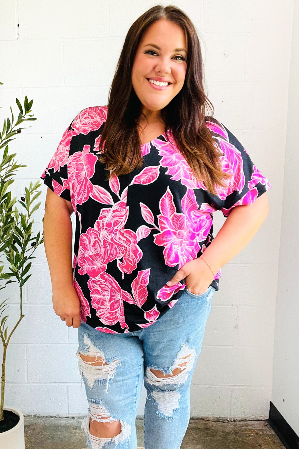Tropical Vibes Black & Hot Pink Floral V Neck Top - Charming Charlie