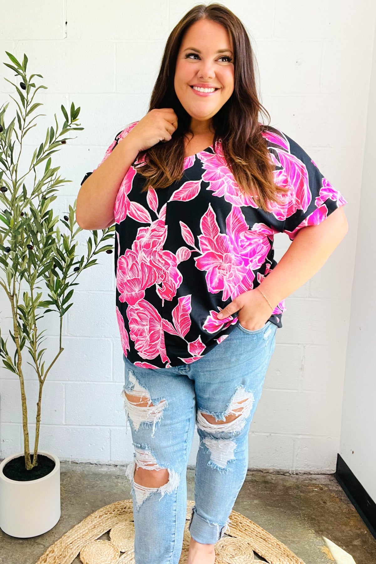 Tropical Vibes Black & Hot Pink Floral V Neck Top - Charming Charlie