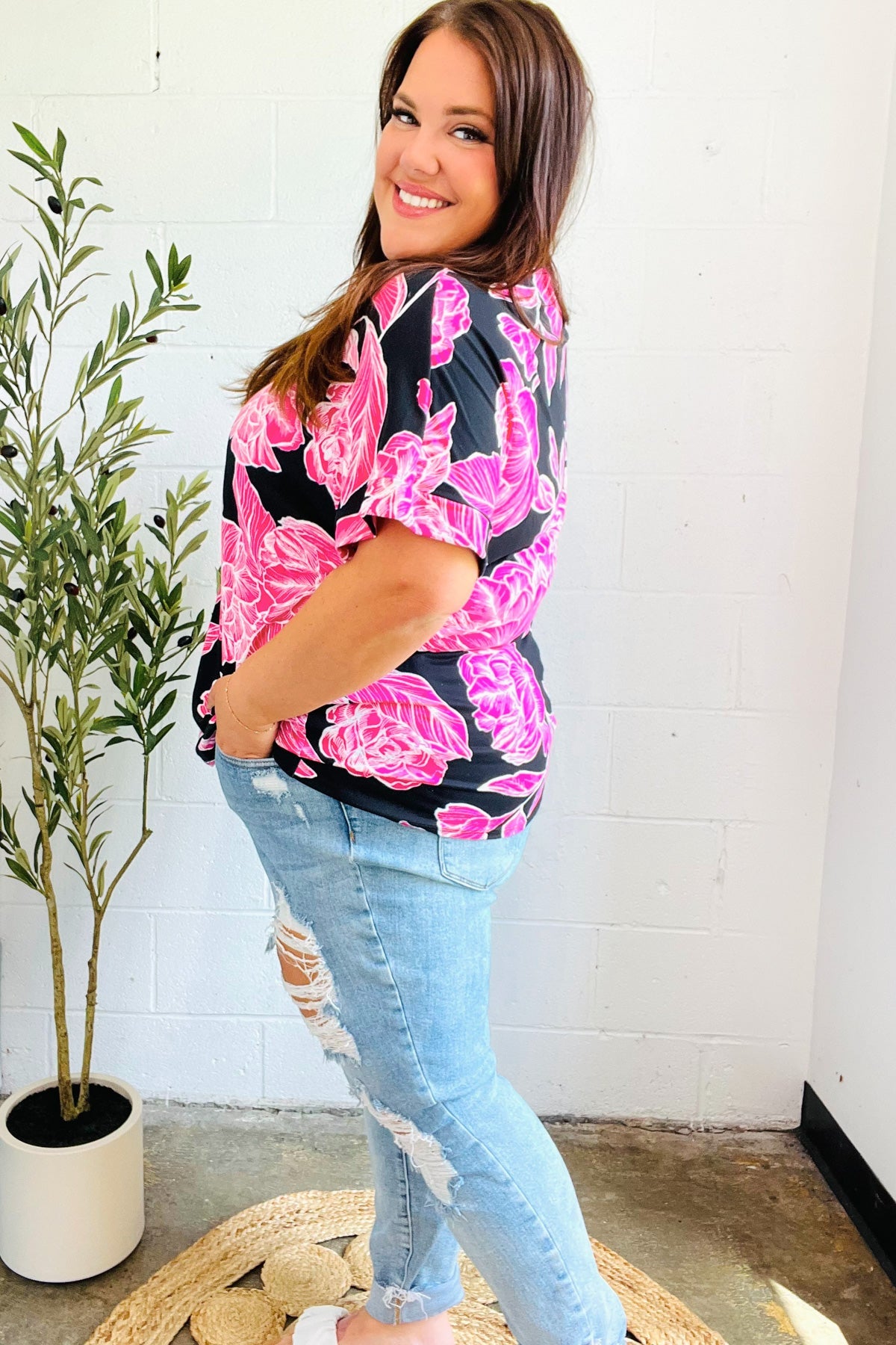 Tropical Vibes Black & Hot Pink Floral V Neck Top - Charming Charlie
