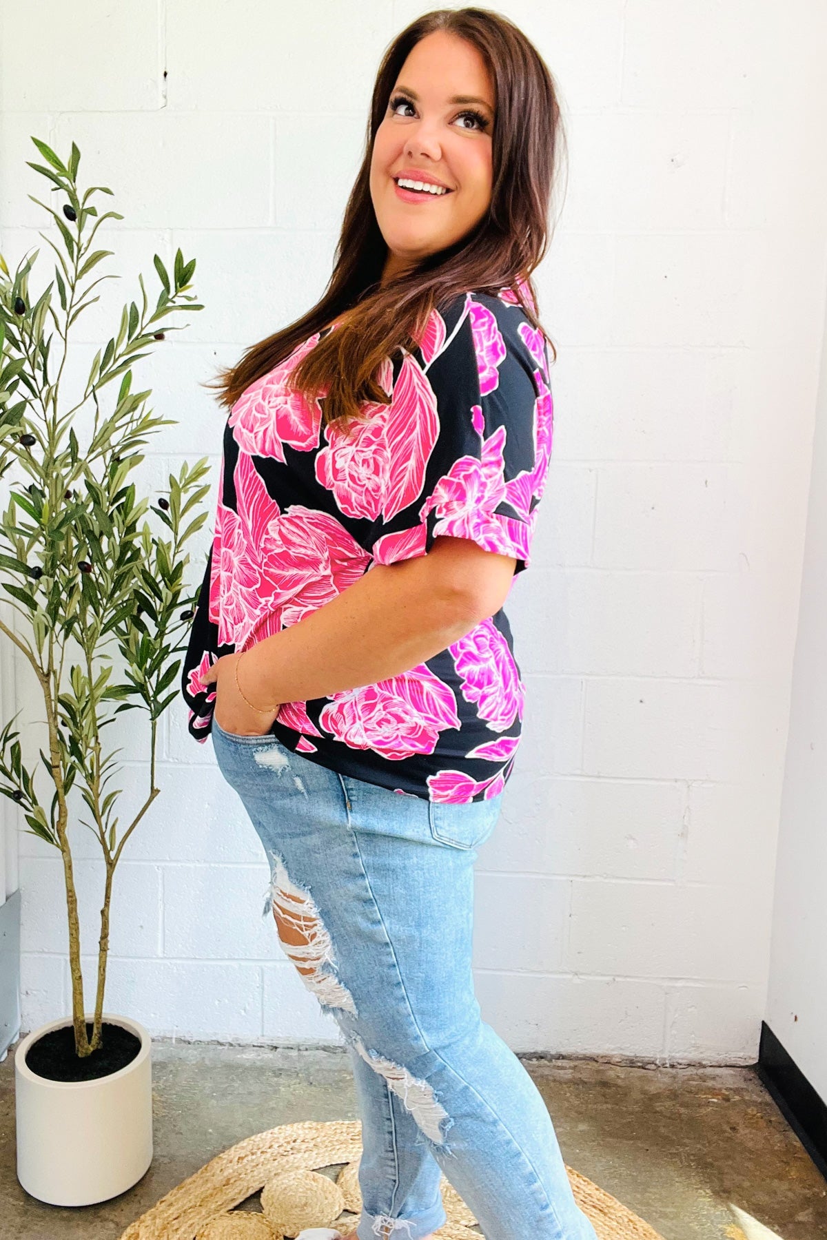 Tropical Vibes Black & Hot Pink Floral V Neck Top - Charming Charlie