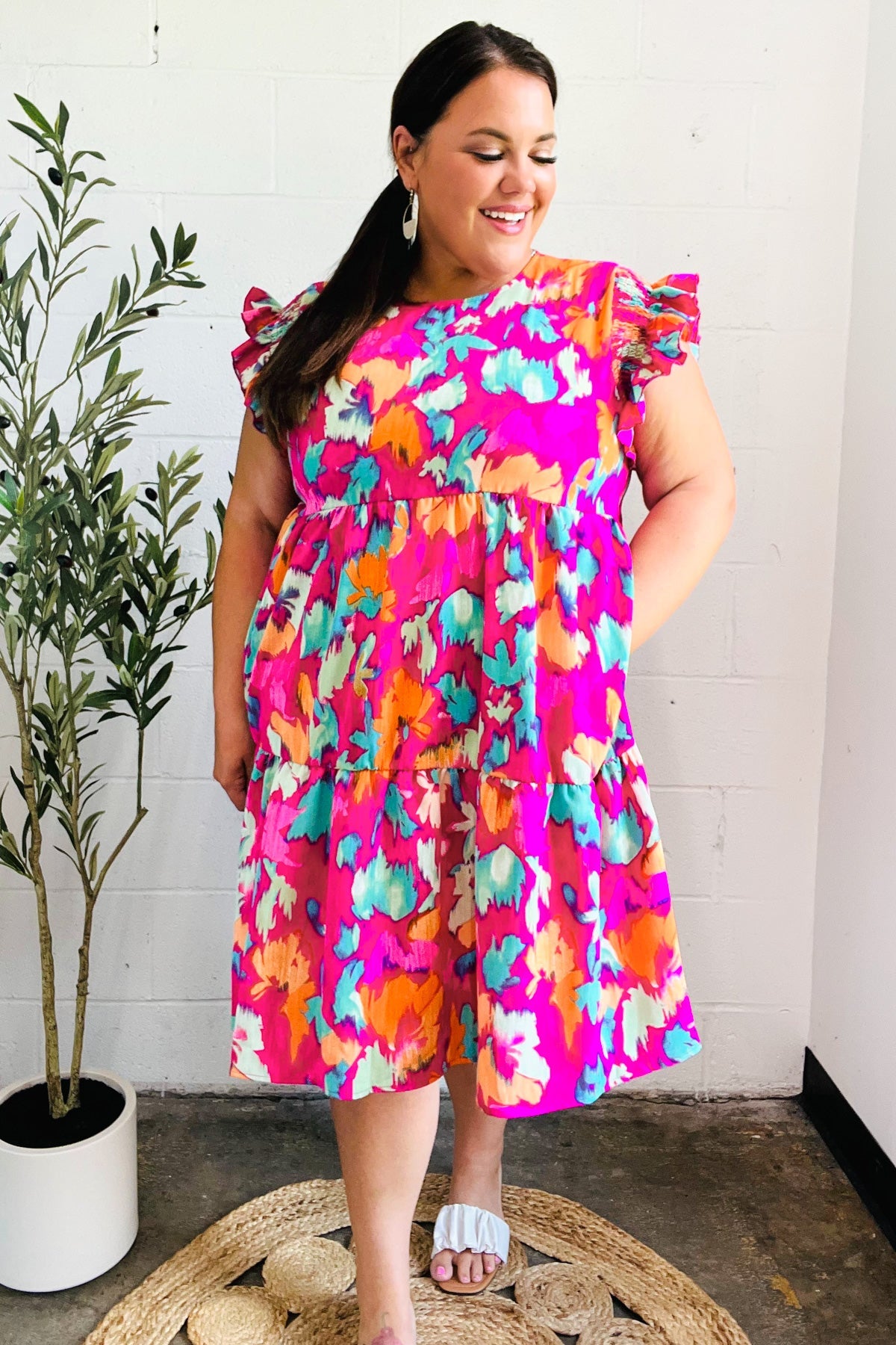 Look of Love Fuchsia Abstract Floral Print Smocked Ruffle Sleeve Dress - Charming Charlie
