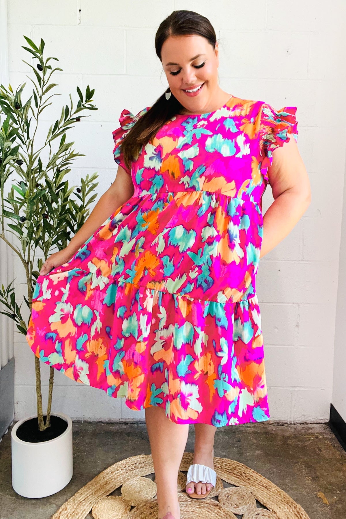 Look of Love Fuchsia Abstract Floral Print Smocked Ruffle Sleeve Dress - Charming Charlie