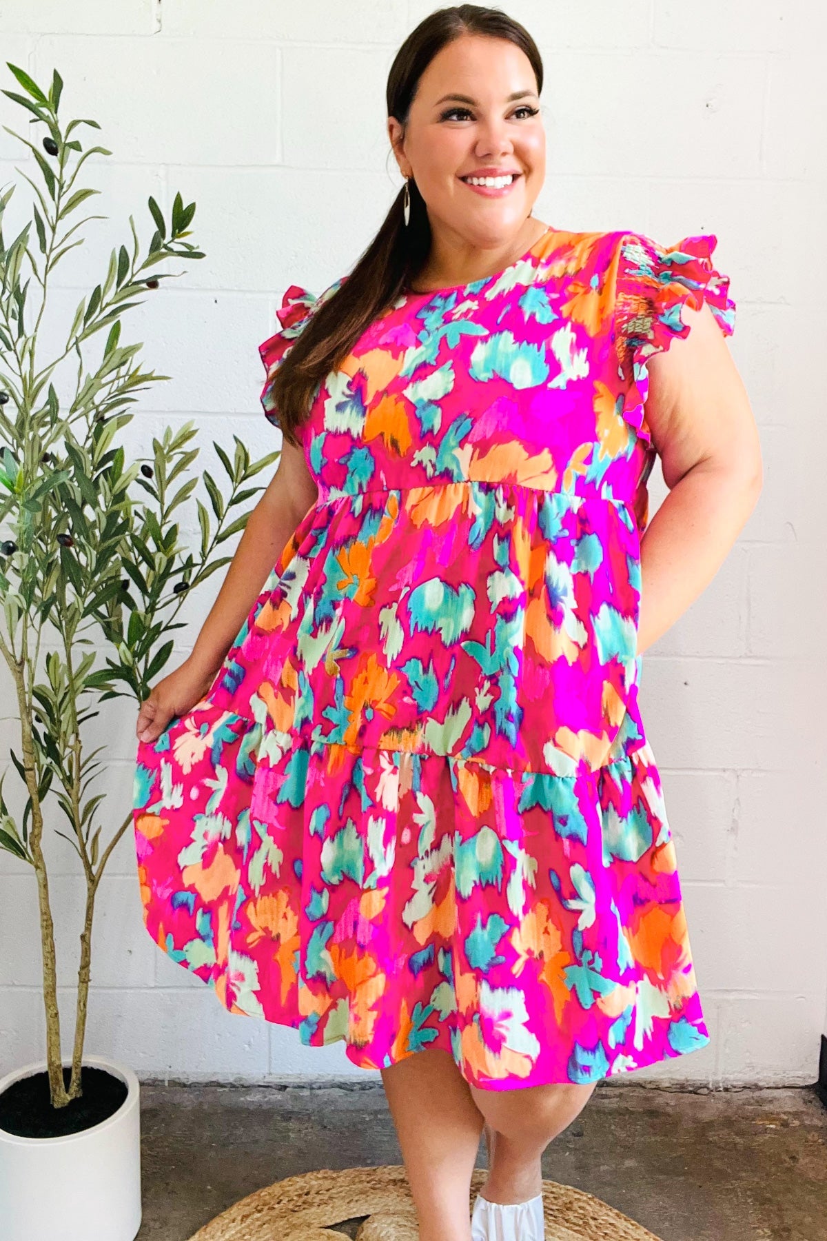 Look of Love Fuchsia Abstract Floral Print Smocked Ruffle Sleeve Dress - Charming Charlie