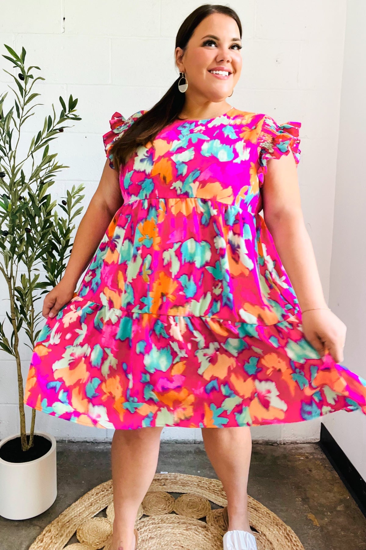 Look of Love Fuchsia Abstract Floral Print Smocked Ruffle Sleeve Dress - Charming Charlie
