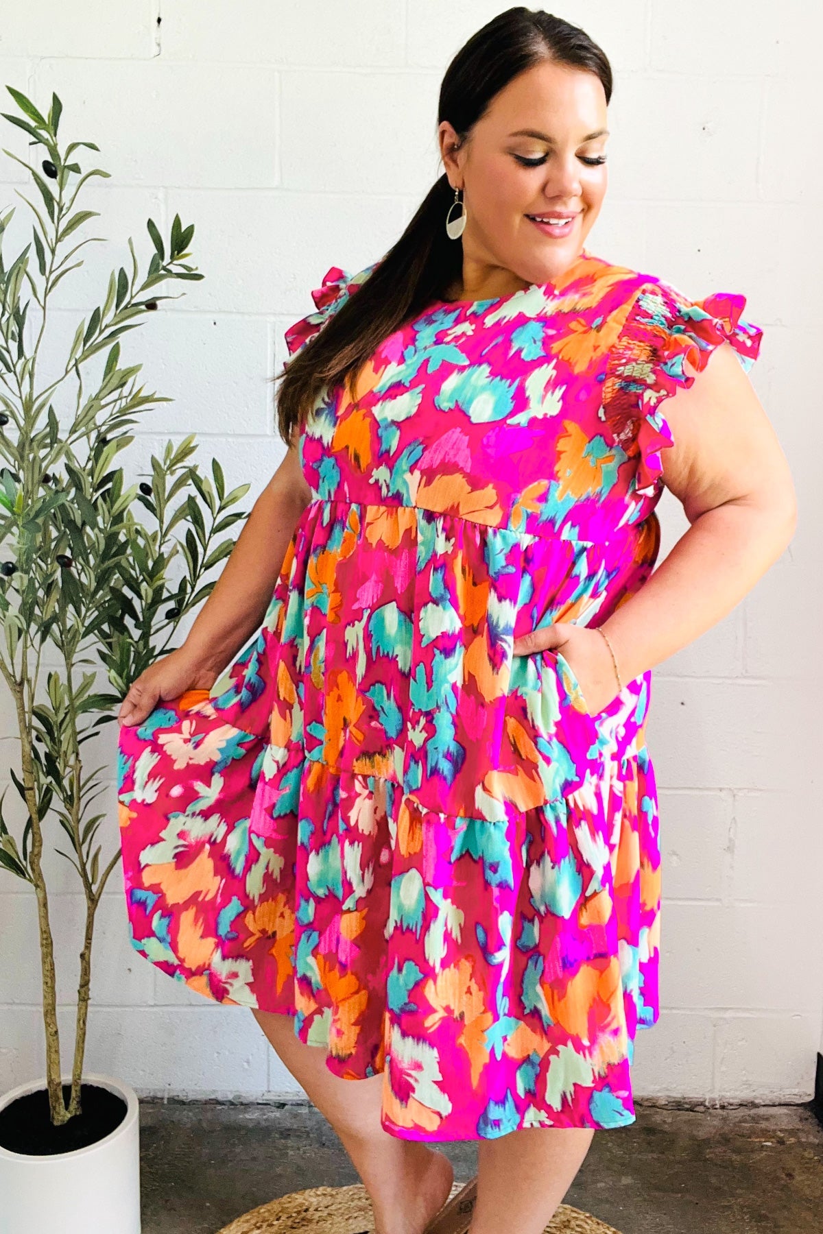 Look of Love Fuchsia Abstract Floral Print Smocked Ruffle Sleeve Dress - Charming Charlie