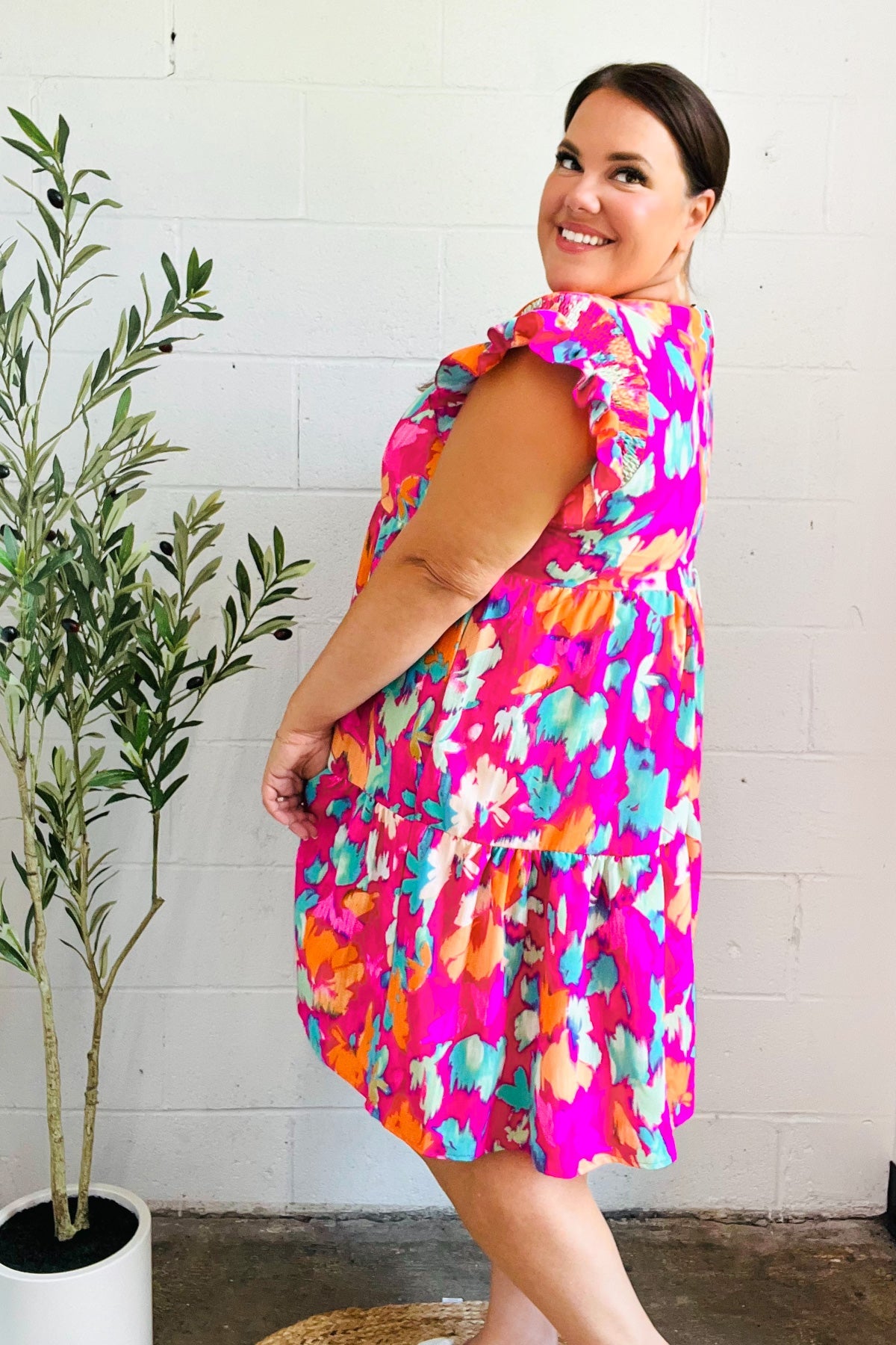 Look of Love Fuchsia Abstract Floral Print Smocked Ruffle Sleeve Dress - Charming Charlie