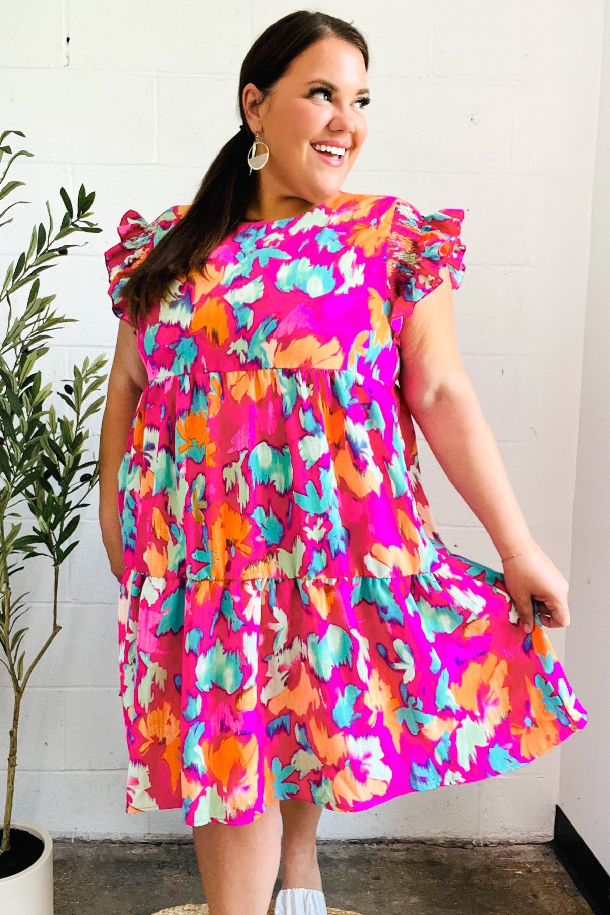Look of Love Fuchsia Abstract Floral Print Smocked Ruffle Sleeve Dress - Charming Charlie