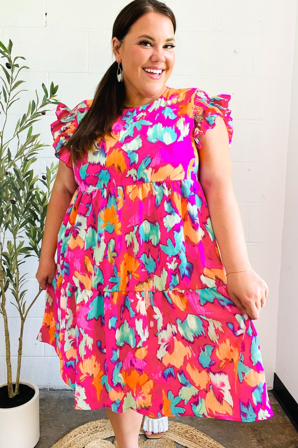 Look of Love Fuchsia Abstract Floral Print Smocked Ruffle Sleeve Dress - Charming Charlie
