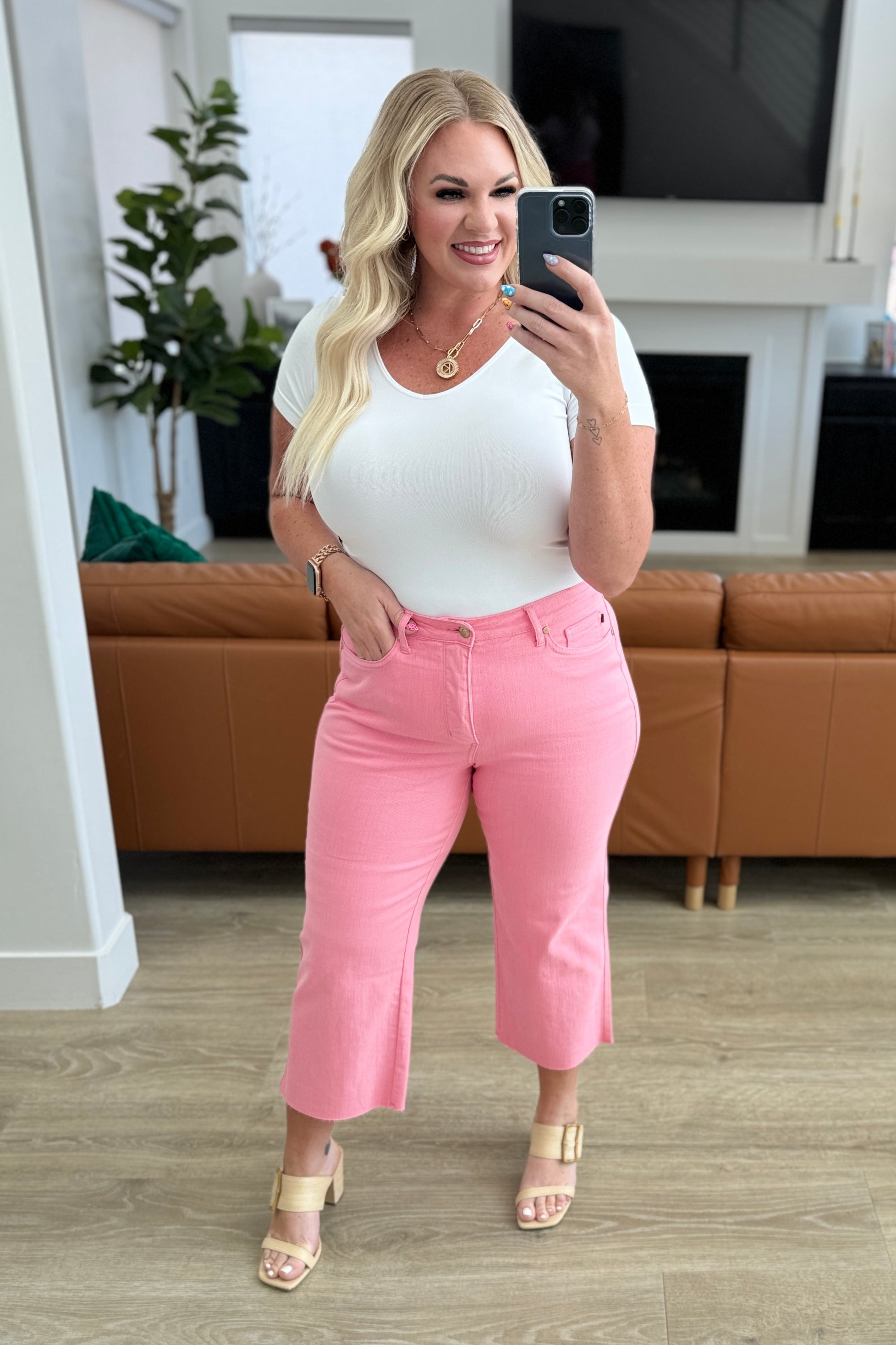 Lisa High Rise Control Top Wide Leg Crop Jeans in Pink - Charming Charlie