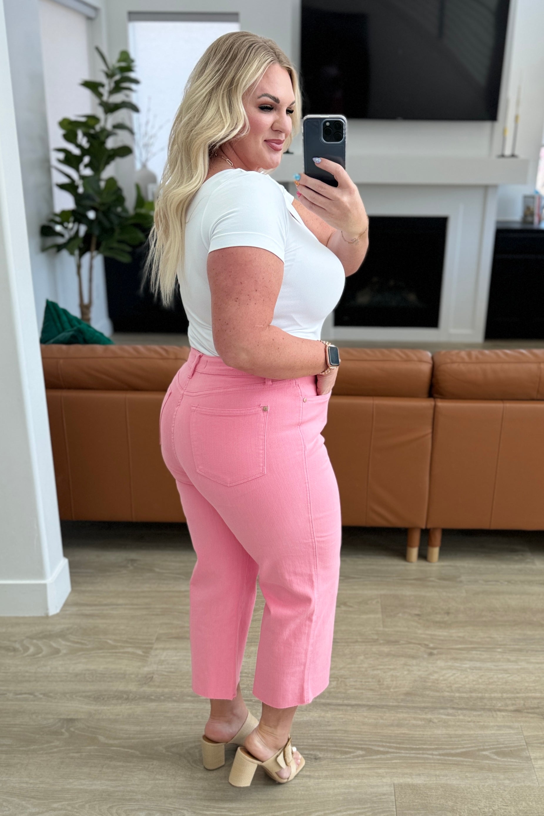 Lisa High Rise Control Top Wide Leg Crop Jeans in Pink - Charming Charlie