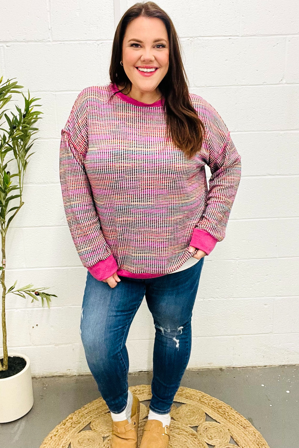Bring Joy Magenta Multicolor Textured Waffle Knit Sweater - Charming Charlie