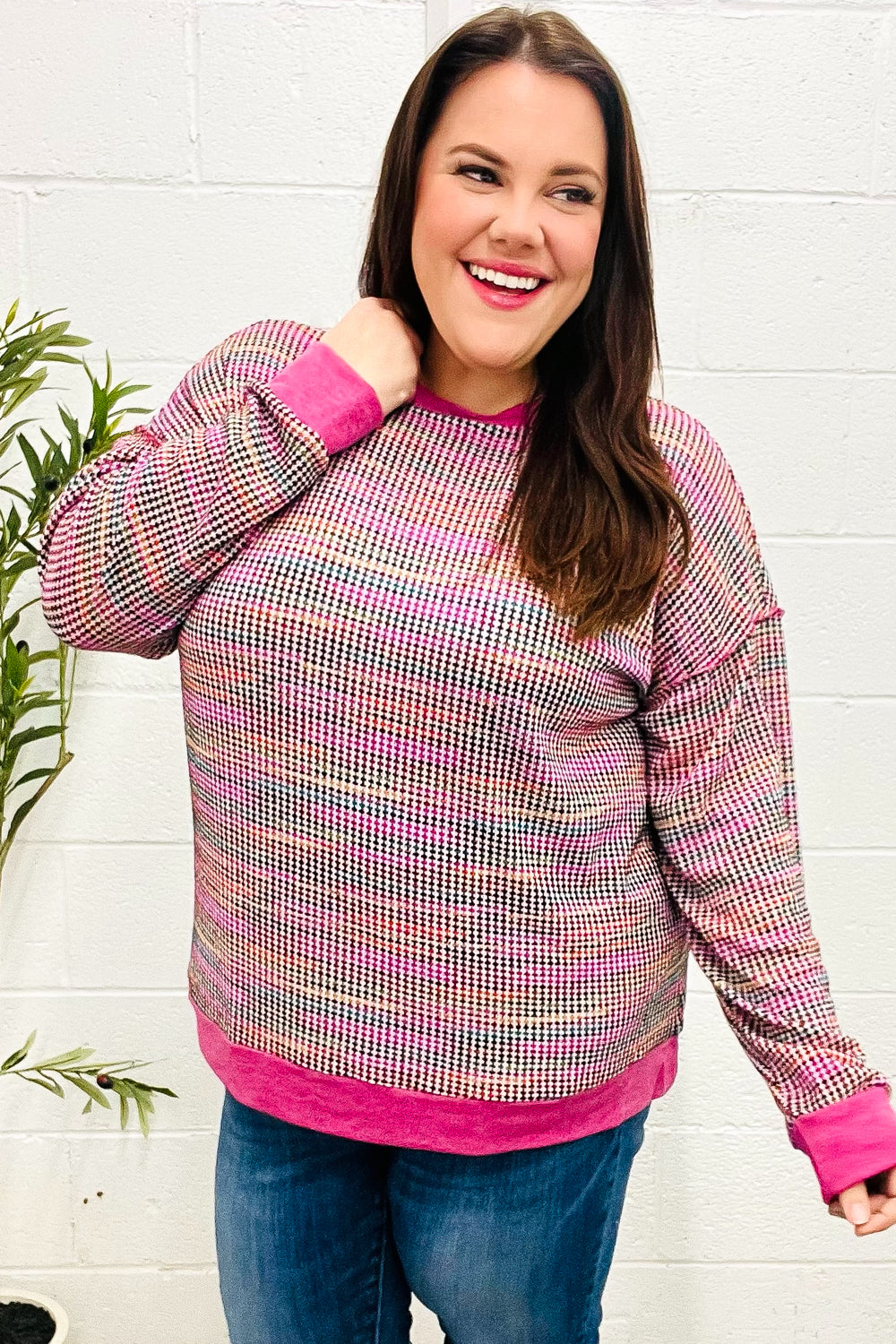 Bring Joy Magenta Multicolor Textured Waffle Knit Sweater - Charming Charlie