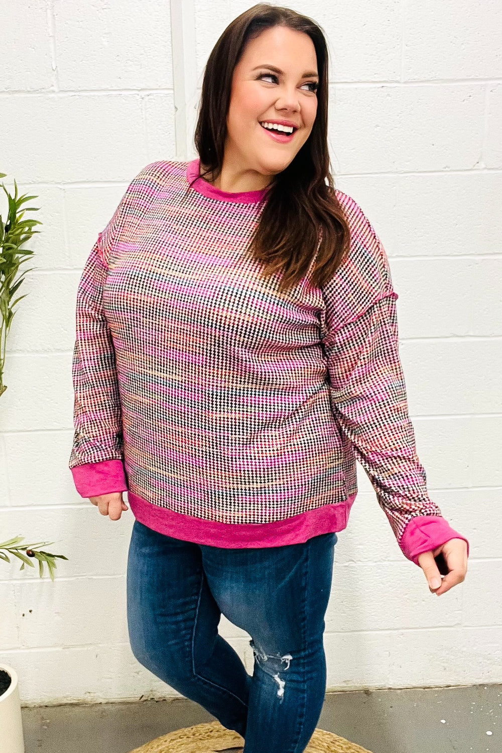 Bring Joy Magenta Multicolor Textured Waffle Knit Sweater - Charming Charlie