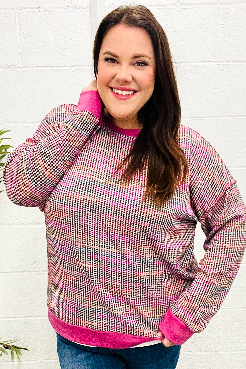 Bring Joy Magenta Multicolor Textured Waffle Knit Sweater - Charming Charlie
