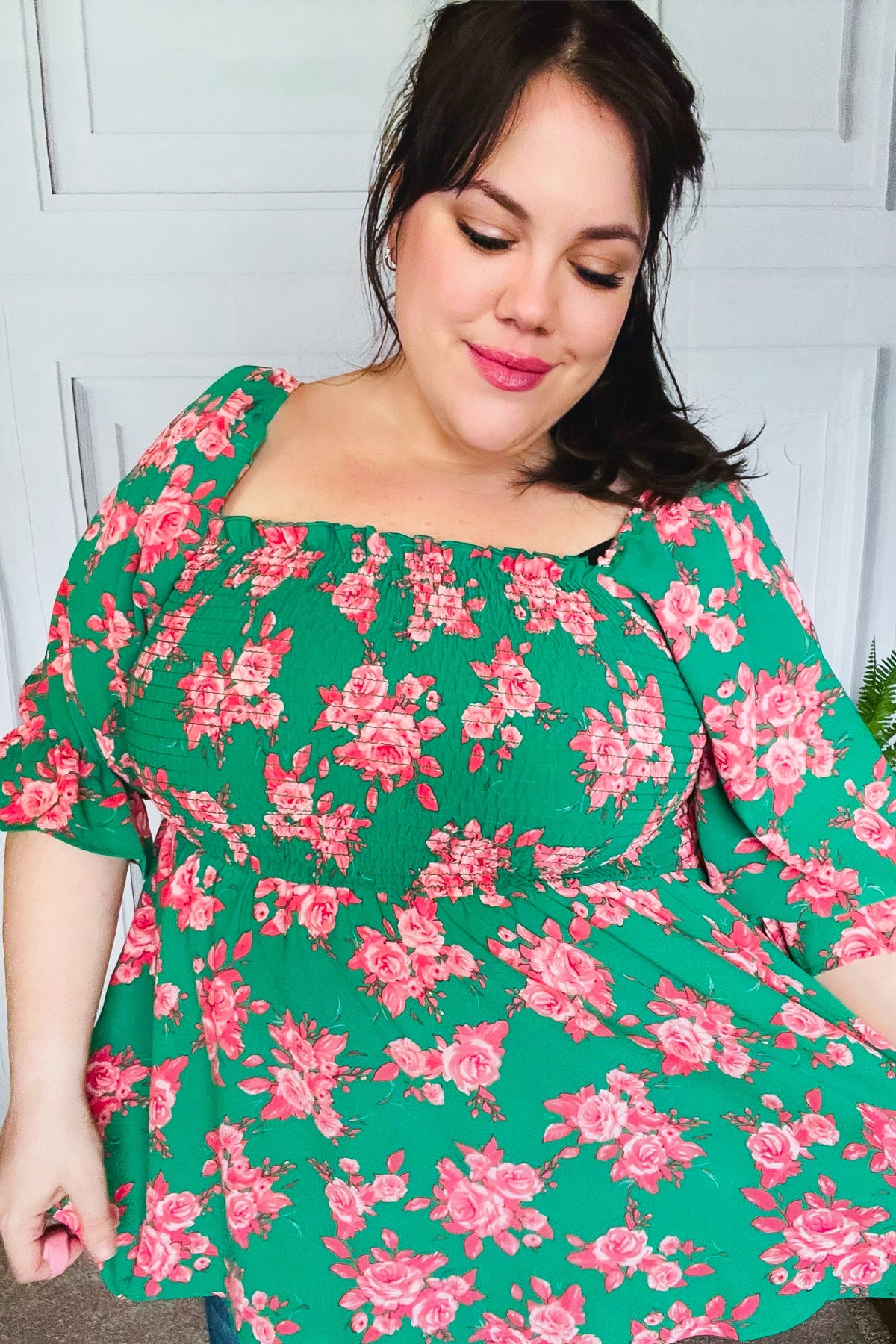 Sumptuous In Smocked Green & Coral Flower Print Babydoll Top - Charming Charlie