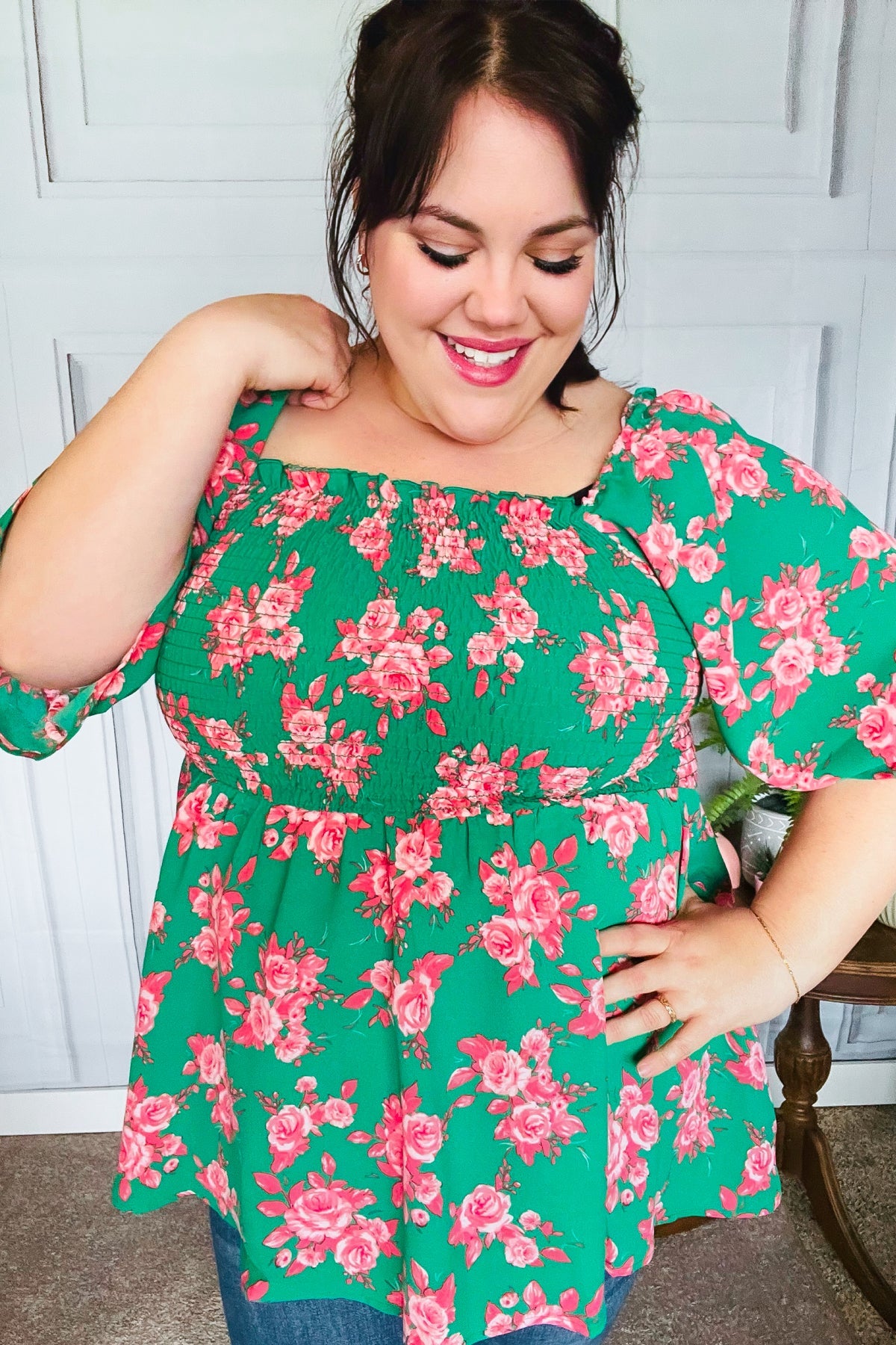 Sumptuous In Smocked Green & Coral Flower Print Babydoll Top - Charming Charlie