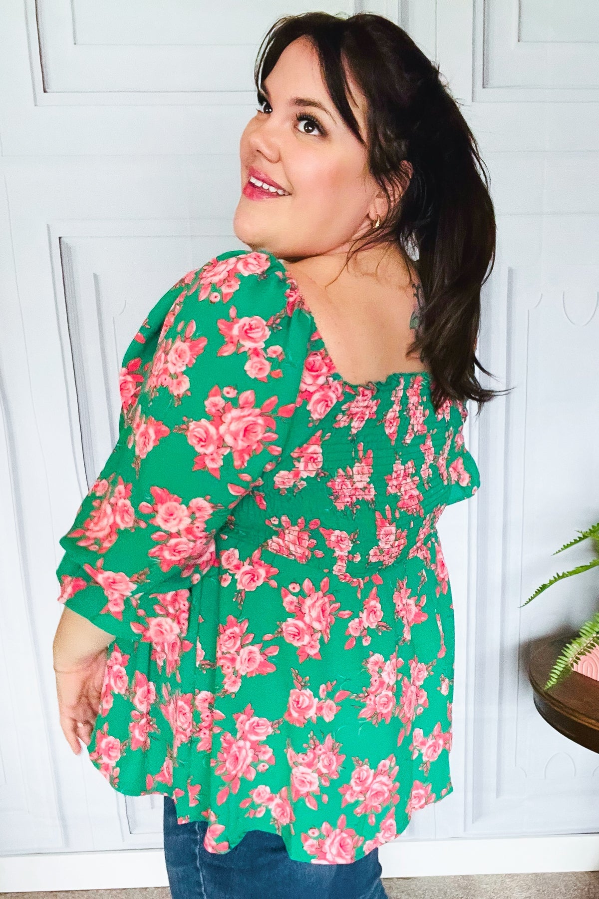 Sumptuous In Smocked Green & Coral Flower Print Babydoll Top - Charming Charlie