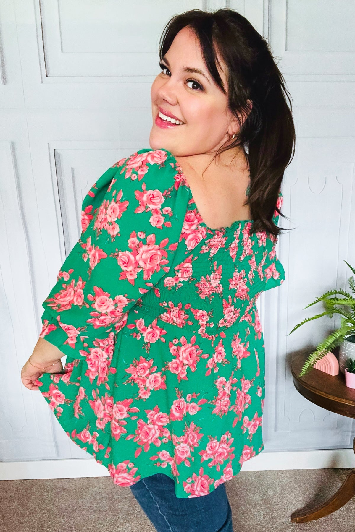 Sumptuous In Smocked Green & Coral Flower Print Babydoll Top - Charming Charlie