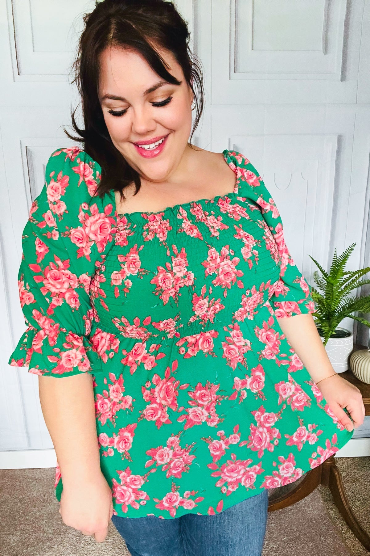 Sumptuous In Smocked Green & Coral Flower Print Babydoll Top - Charming Charlie