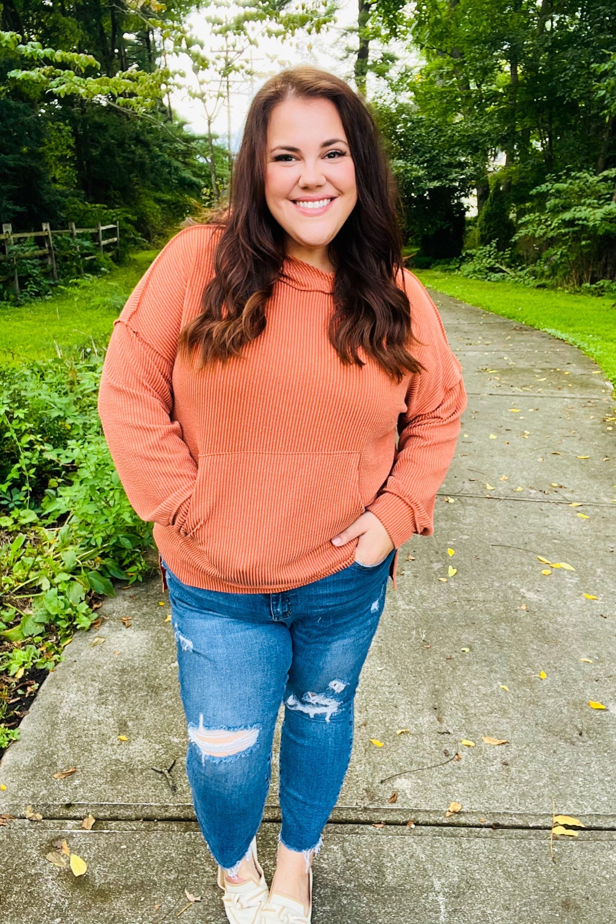 Cozy Days Rust Mineral Wash Rib Knit Hoodie - Charming Charlie