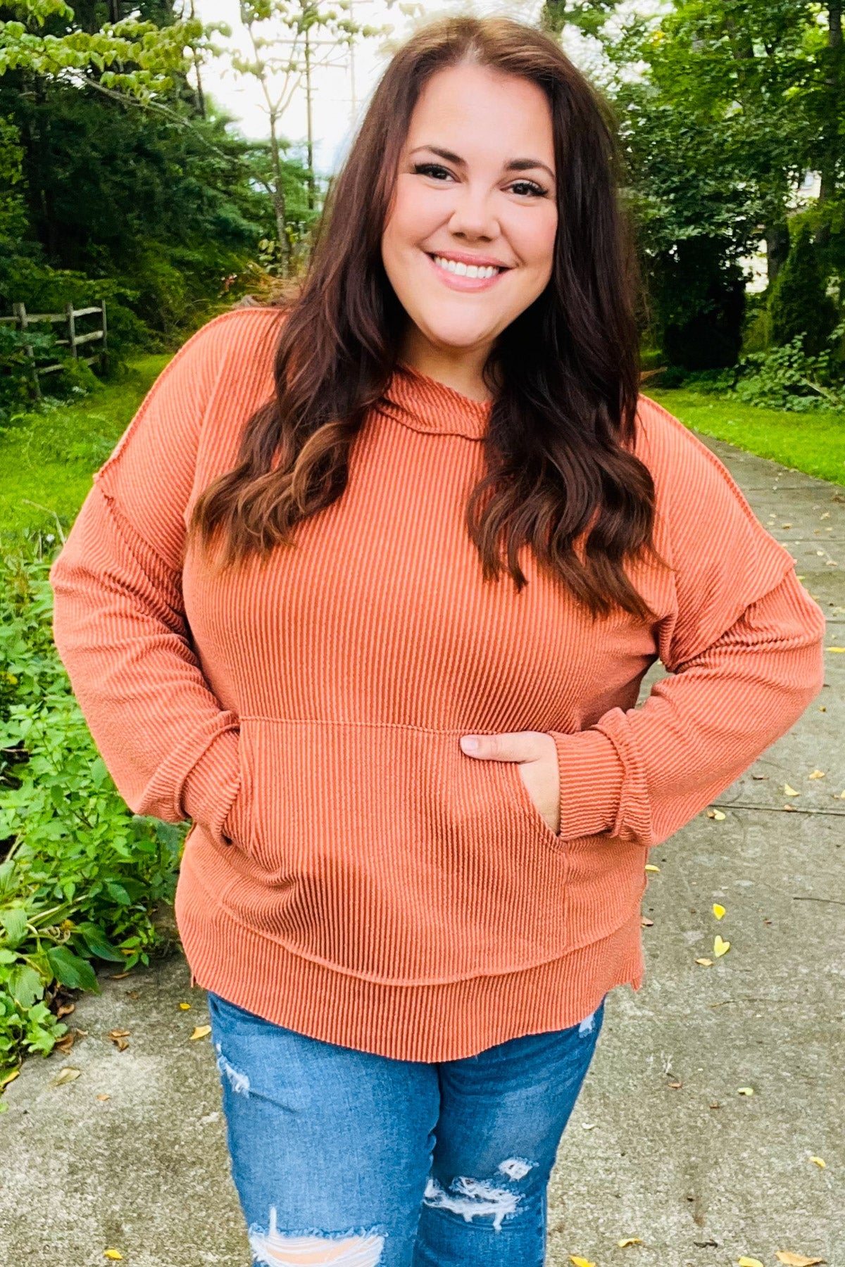Cozy Days Rust Mineral Wash Rib Knit Hoodie - Charming Charlie