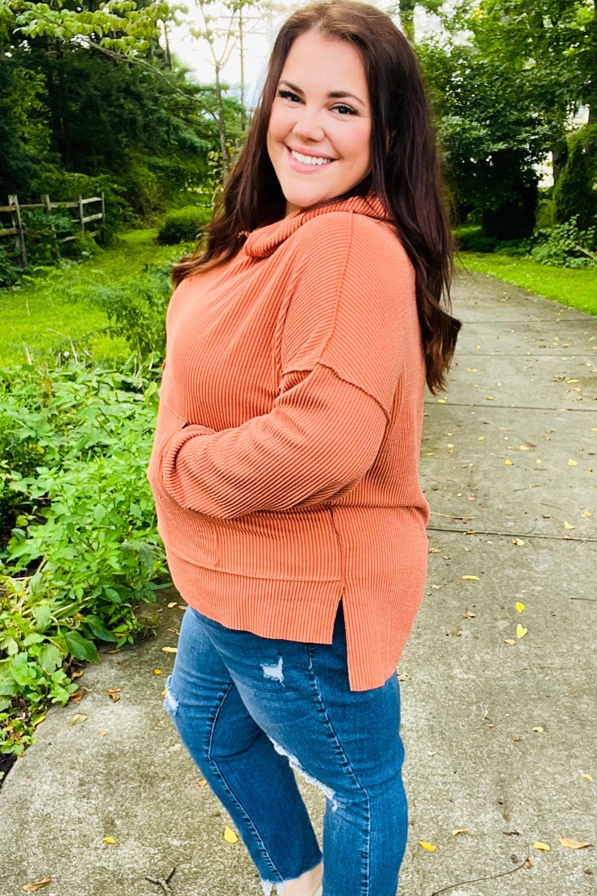 Cozy Days Rust Mineral Wash Rib Knit Hoodie - Charming Charlie