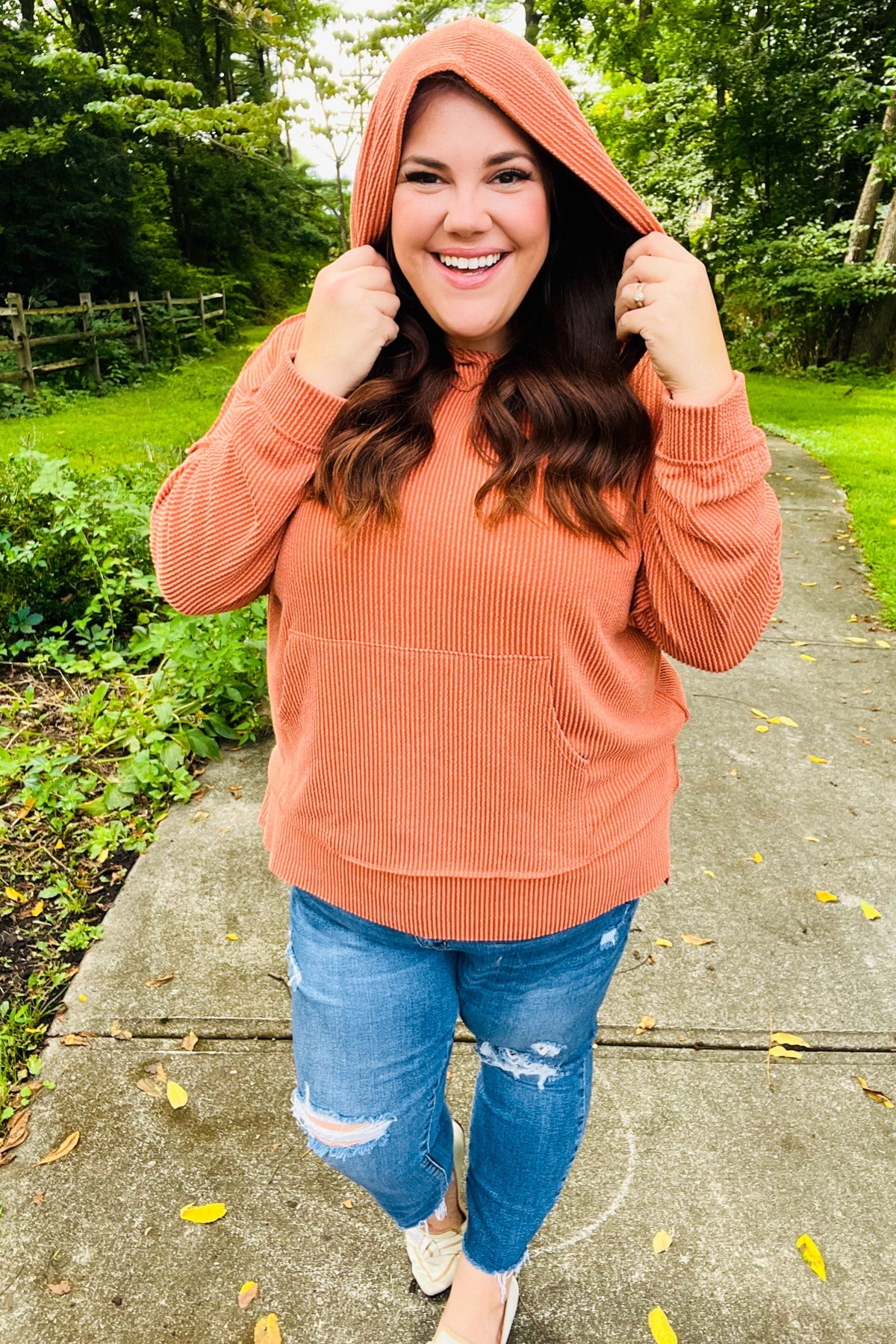 Cozy Days Rust Mineral Wash Rib Knit Hoodie - Charming Charlie