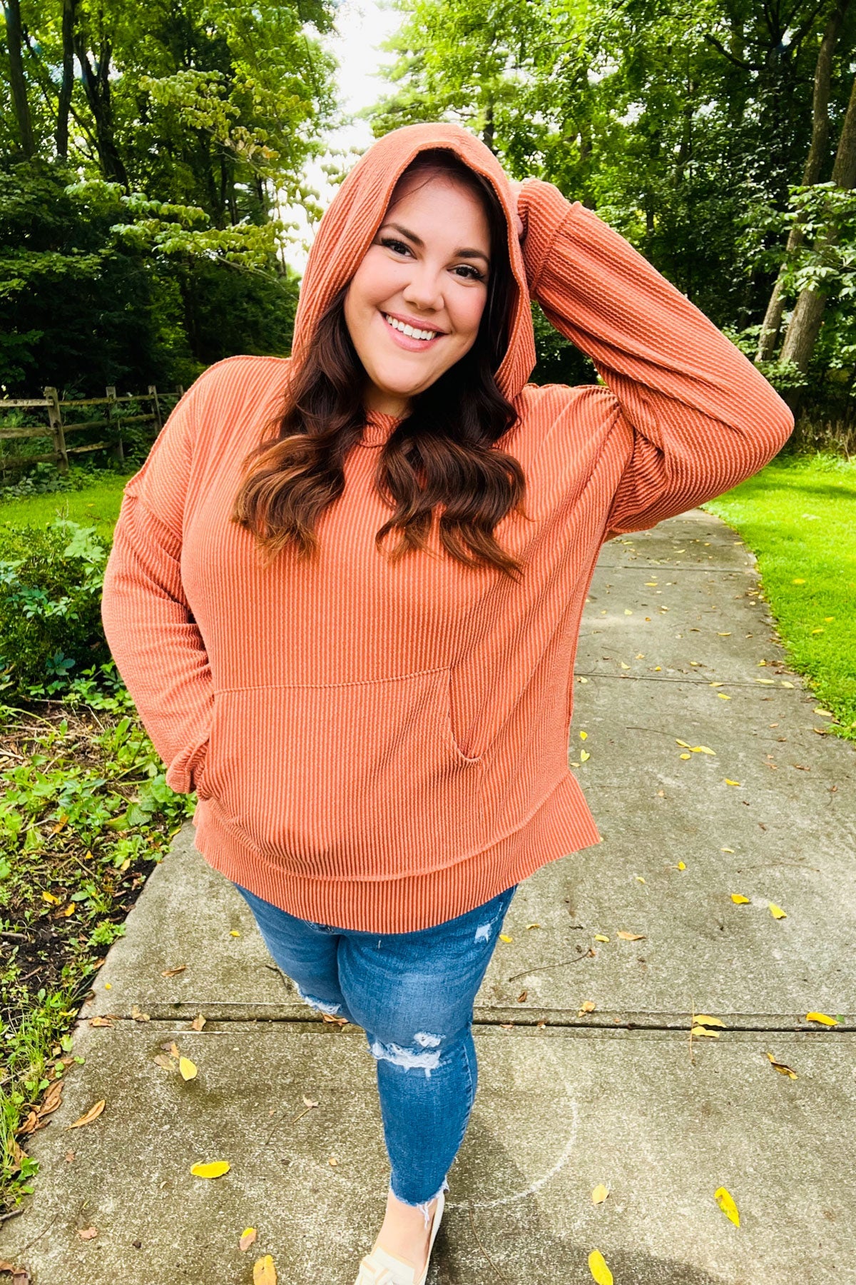 Cozy Days Rust Mineral Wash Rib Knit Hoodie - Charming Charlie