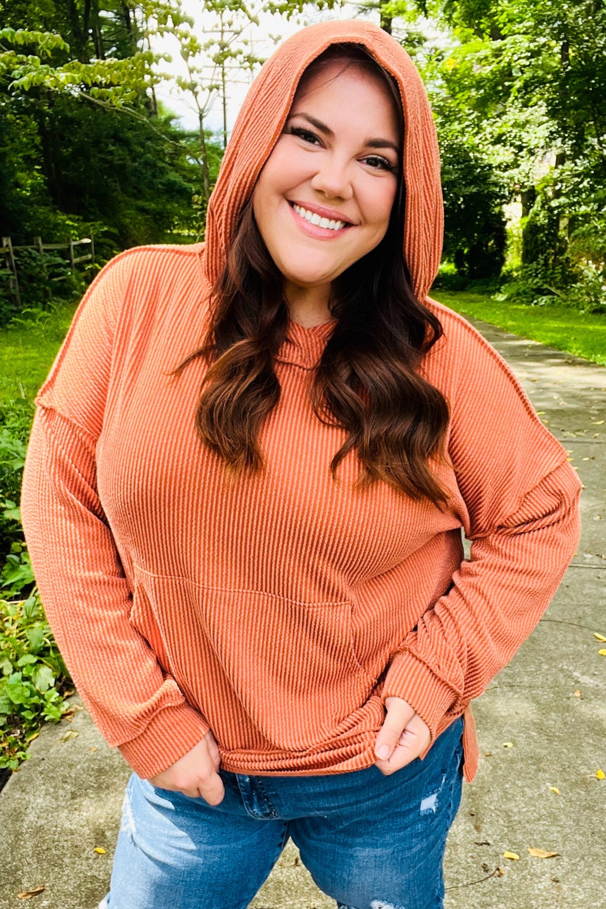 Cozy Days Rust Mineral Wash Rib Knit Hoodie - Charming Charlie