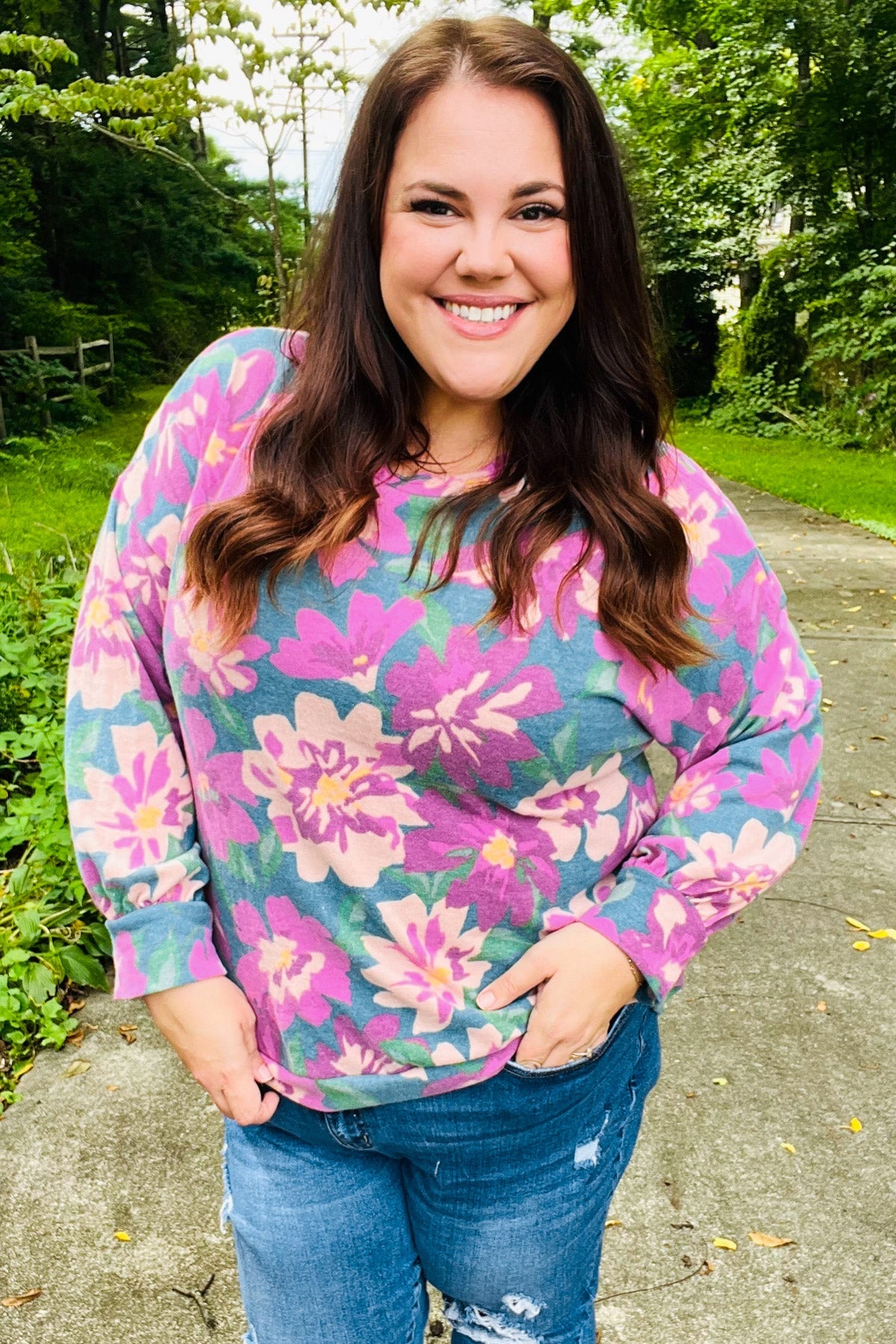 Feeling Femme Teal Floral Brushed Hacci Sweater Top - Charming Charlie