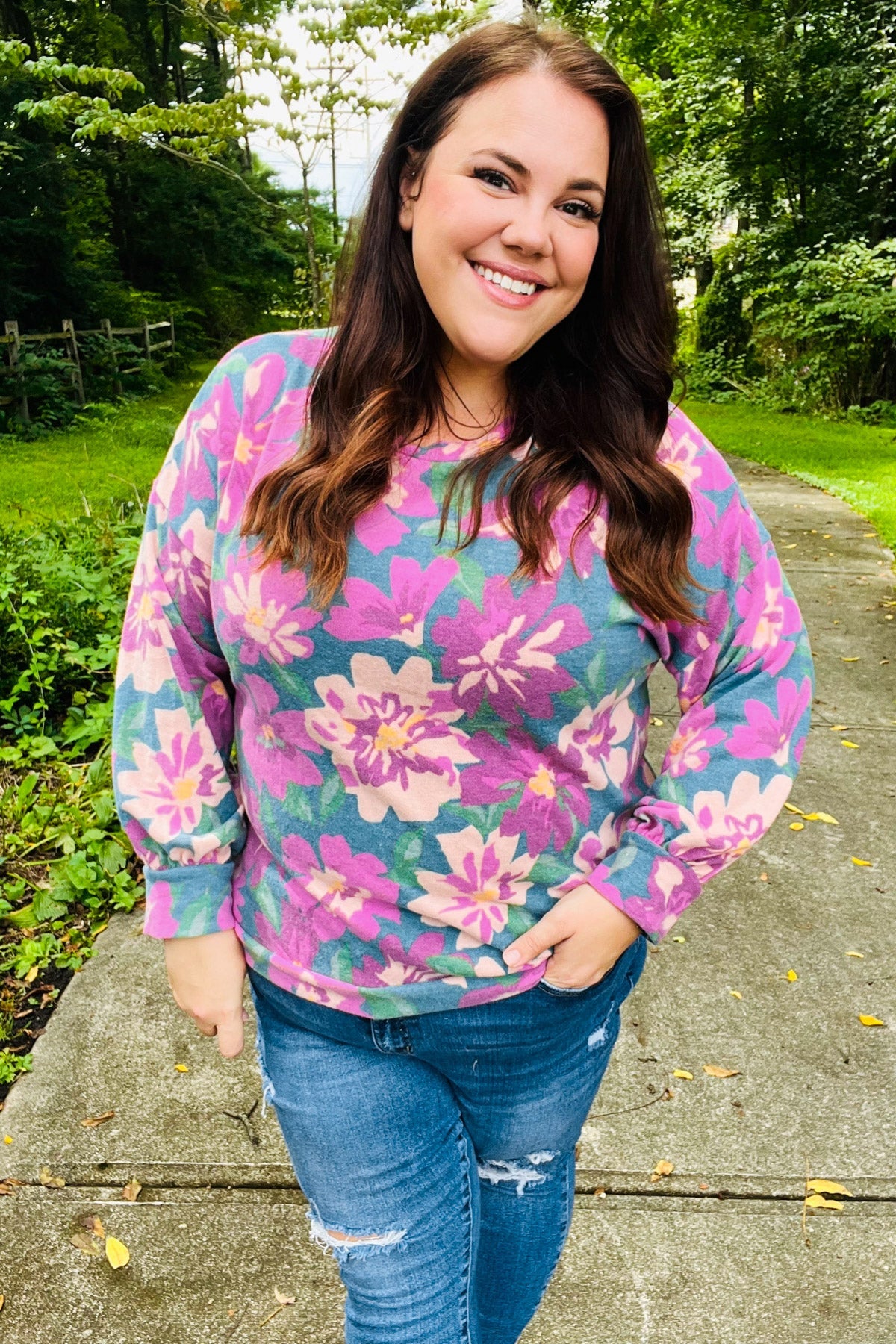 Feeling Femme Teal Floral Brushed Hacci Sweater Top - Charming Charlie