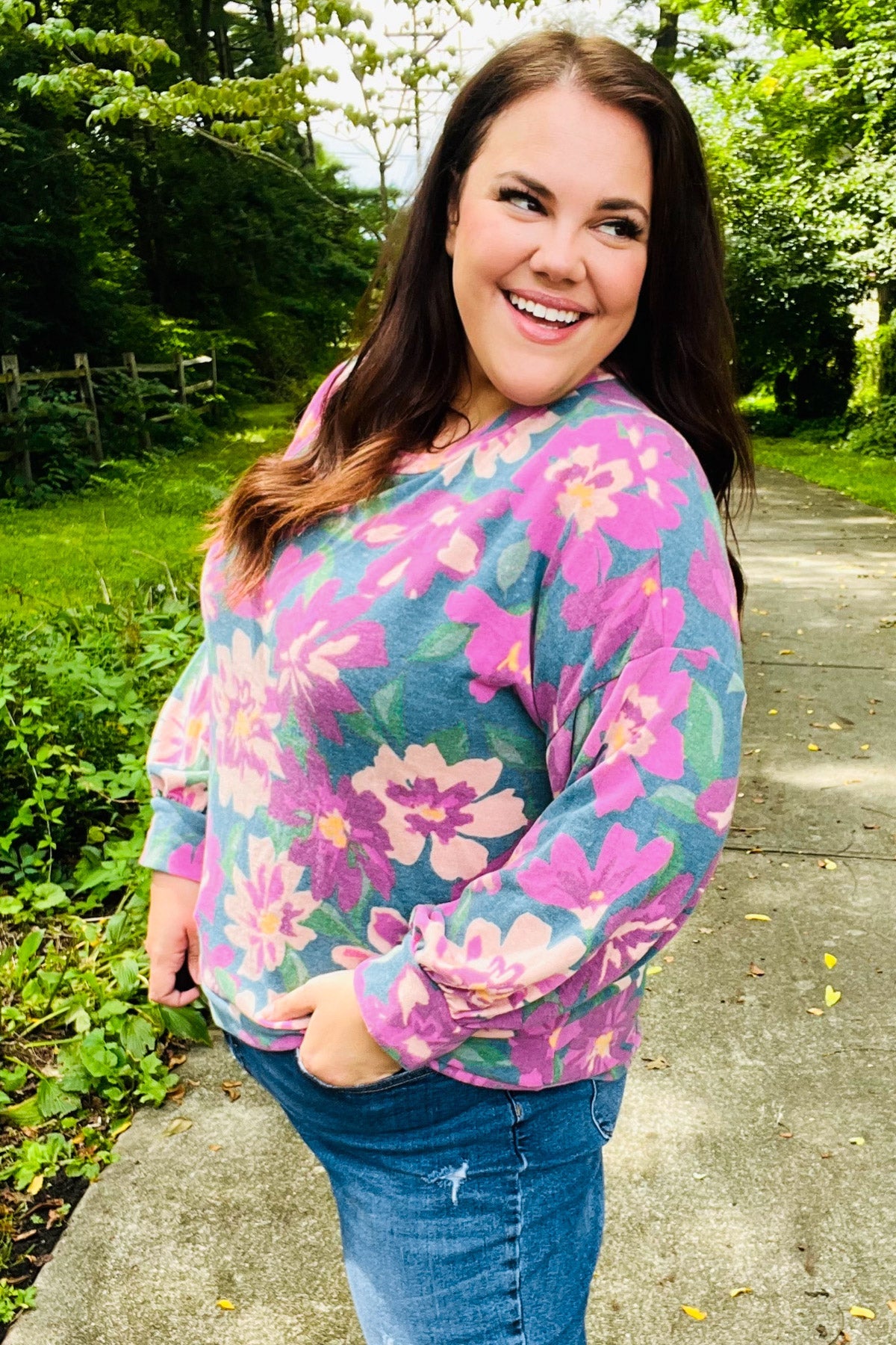 Feeling Femme Teal Floral Brushed Hacci Sweater Top - Charming Charlie