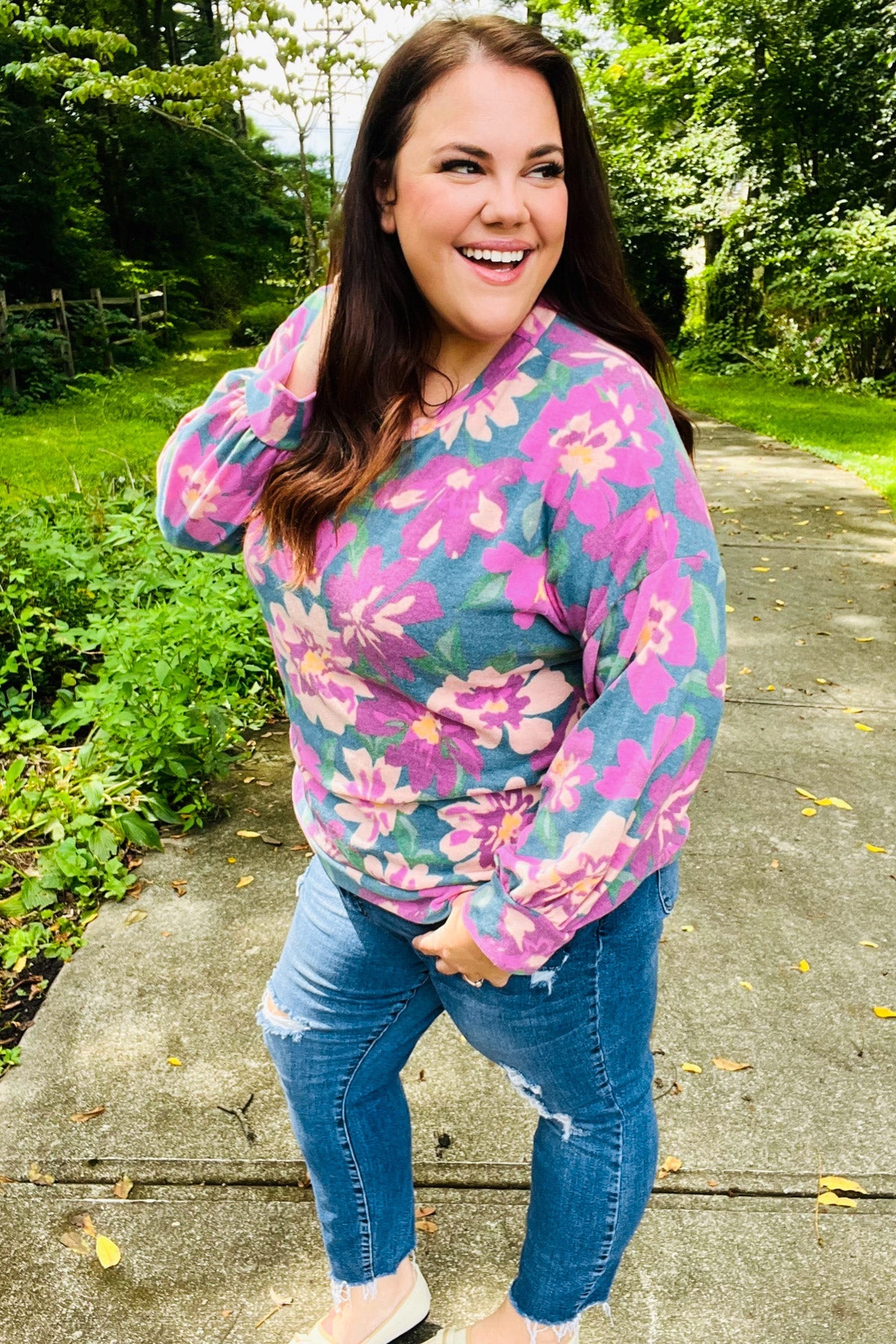 Feeling Femme Teal Floral Brushed Hacci Sweater Top - Charming Charlie