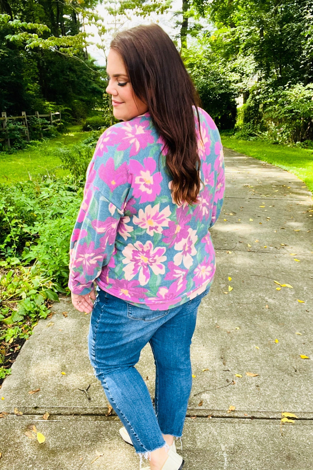 Feeling Femme Teal Floral Brushed Hacci Sweater Top - Charming Charlie
