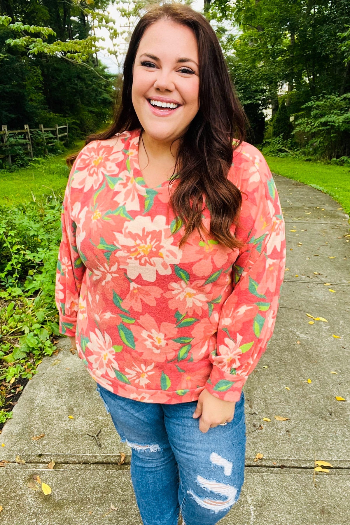 Feeling Femme Red Floral Brushed Hacci Sweater Top - Charming Charlie