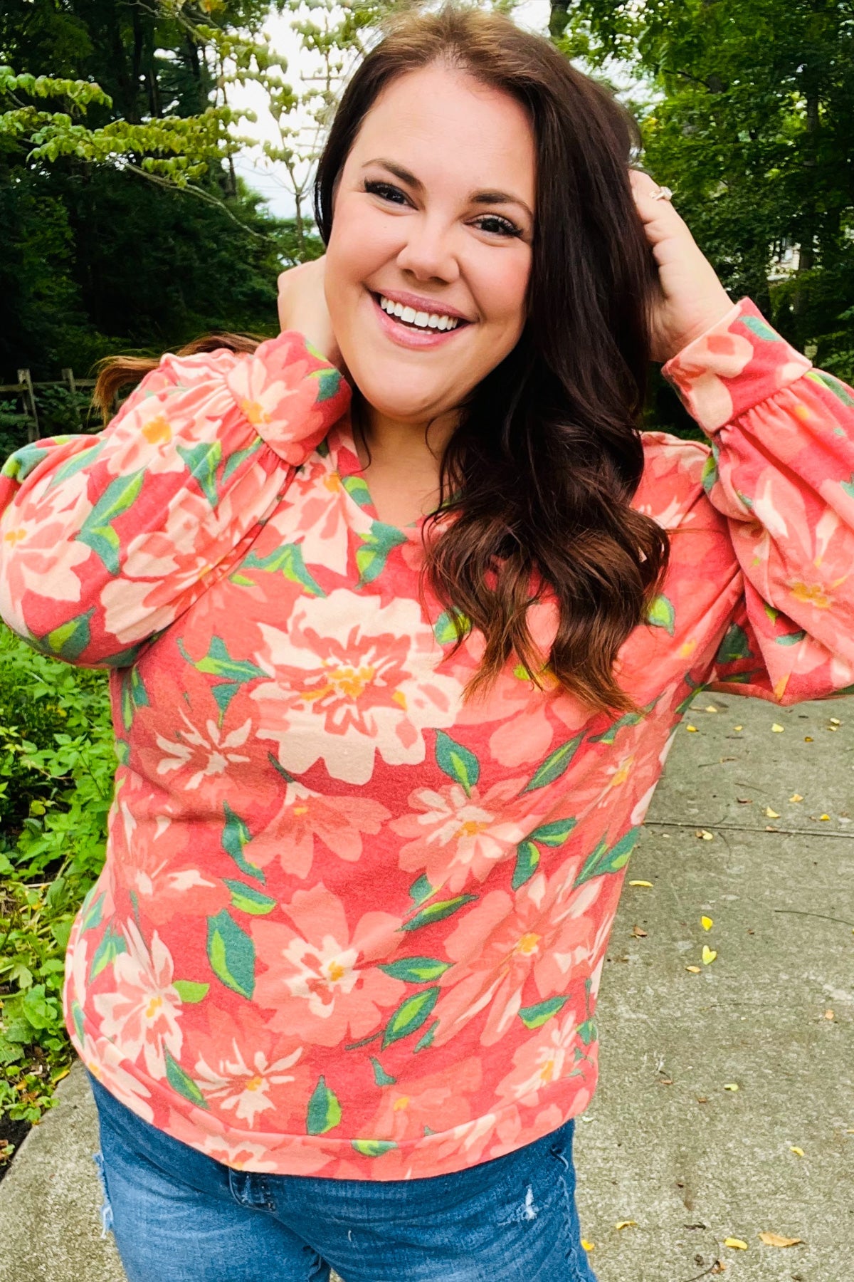 Feeling Femme Red Floral Brushed Hacci Sweater Top - Charming Charlie