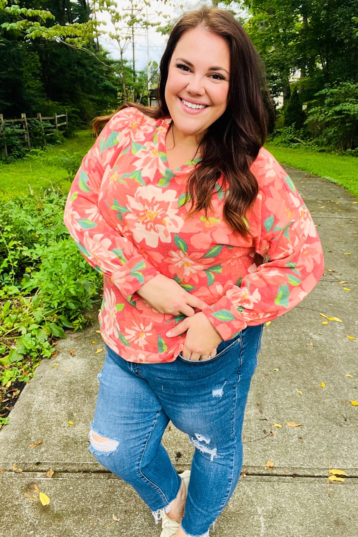 Feeling Femme Red Floral Brushed Hacci Sweater Top - Charming Charlie