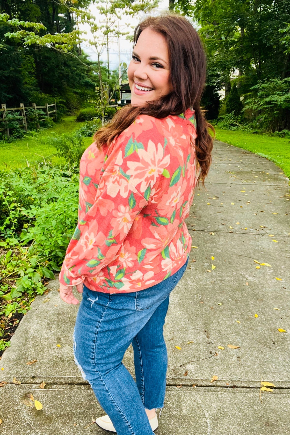 Feeling Femme Red Floral Brushed Hacci Sweater Top - Charming Charlie